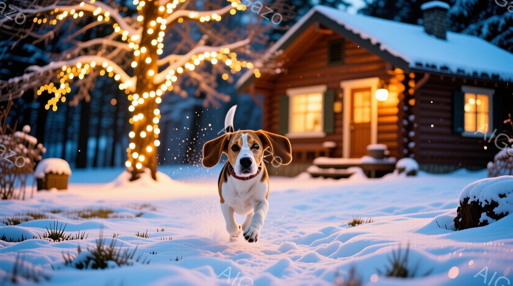 白い雪景色の中を、ビーグル犬が勢いよく駆けている。背景には、暖色の光でライトアップされた可愛らしいログハウスがあり、冬の夜の温かく幻想的な雰囲気を演出している。雪は軽く舞い、犬の動きと暖かな光が組み合 - AI生成フリー素材
