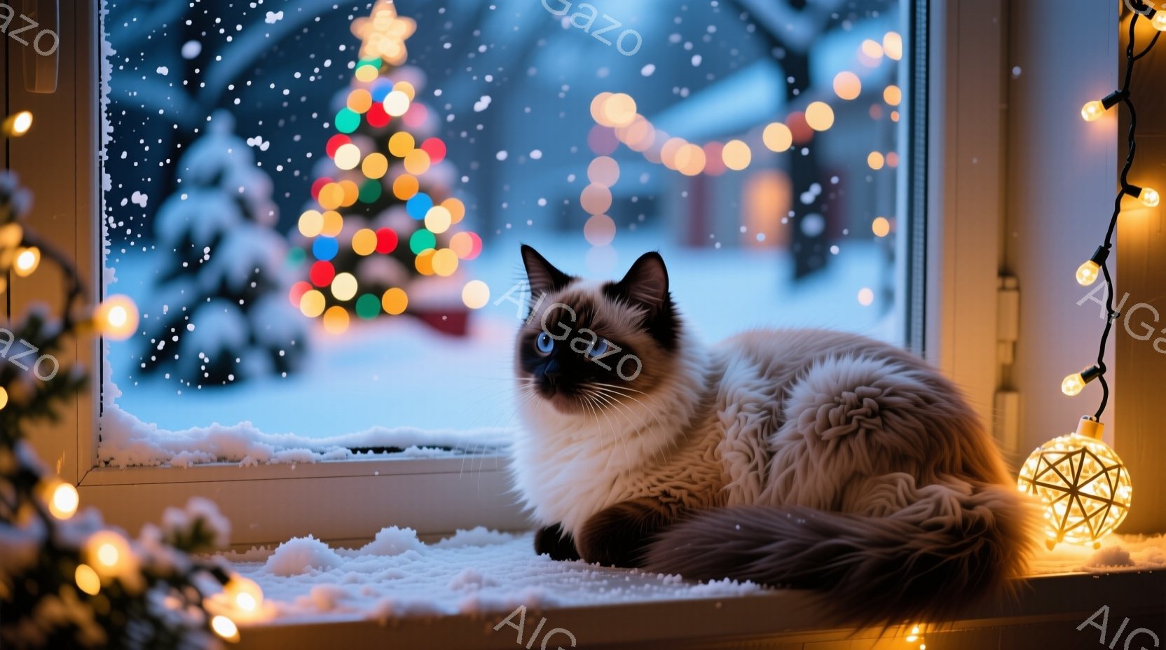 白い窓枠に座る、美しいシャム猫が目を惹く。外は雪景色で、遠くにクリスマスツリーが灯り、温かい光が雪に反射している。猫はリラックスした姿勢で、雪の降る冬の暖かな雰囲気を醸し出している。 - AI生成フリー素材