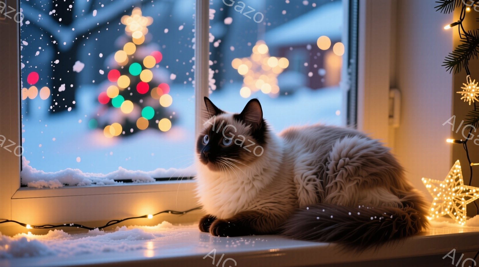 白を基調としたシャム猫が、雪が積もった窓辺で静かに佇んでいます。背景にはぼやけたクリスマスツリーの光が輝き、室内には温かい光が差し込んでいます。雪が降り積もる外の景色と、猫の穏やかな表情が、冬の暖かく - AI生成フリー素材