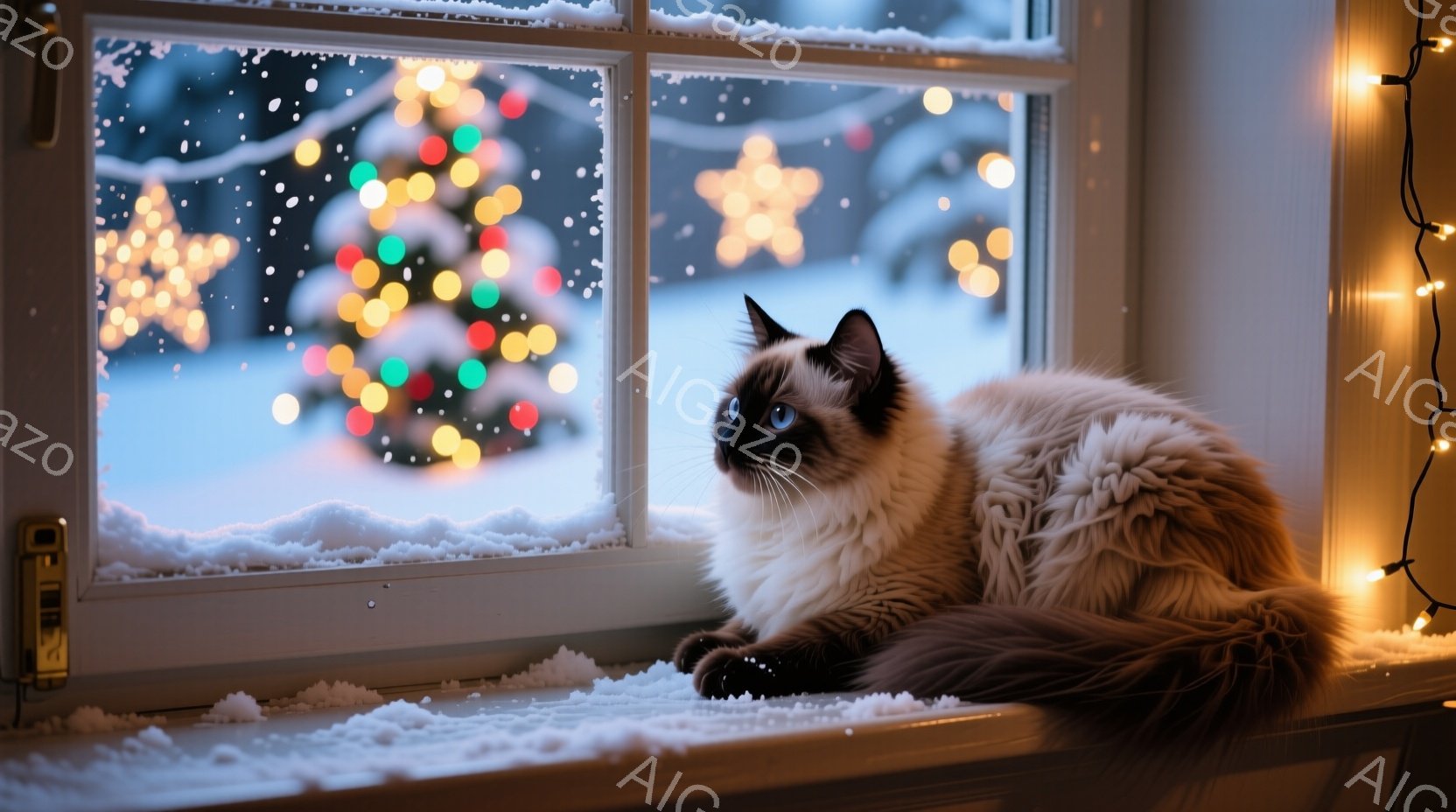 白い窓枠に、美しいシャム猫が横たわっています。外は雪景色で、遠くにはクリスマスツリーの光が輝き、幻想的な雰囲気を醸し出しています。猫は青い瞳で遠くを見つめ、静かで穏やかな冬の情景が広がっています。 - AI生成フリー素材
