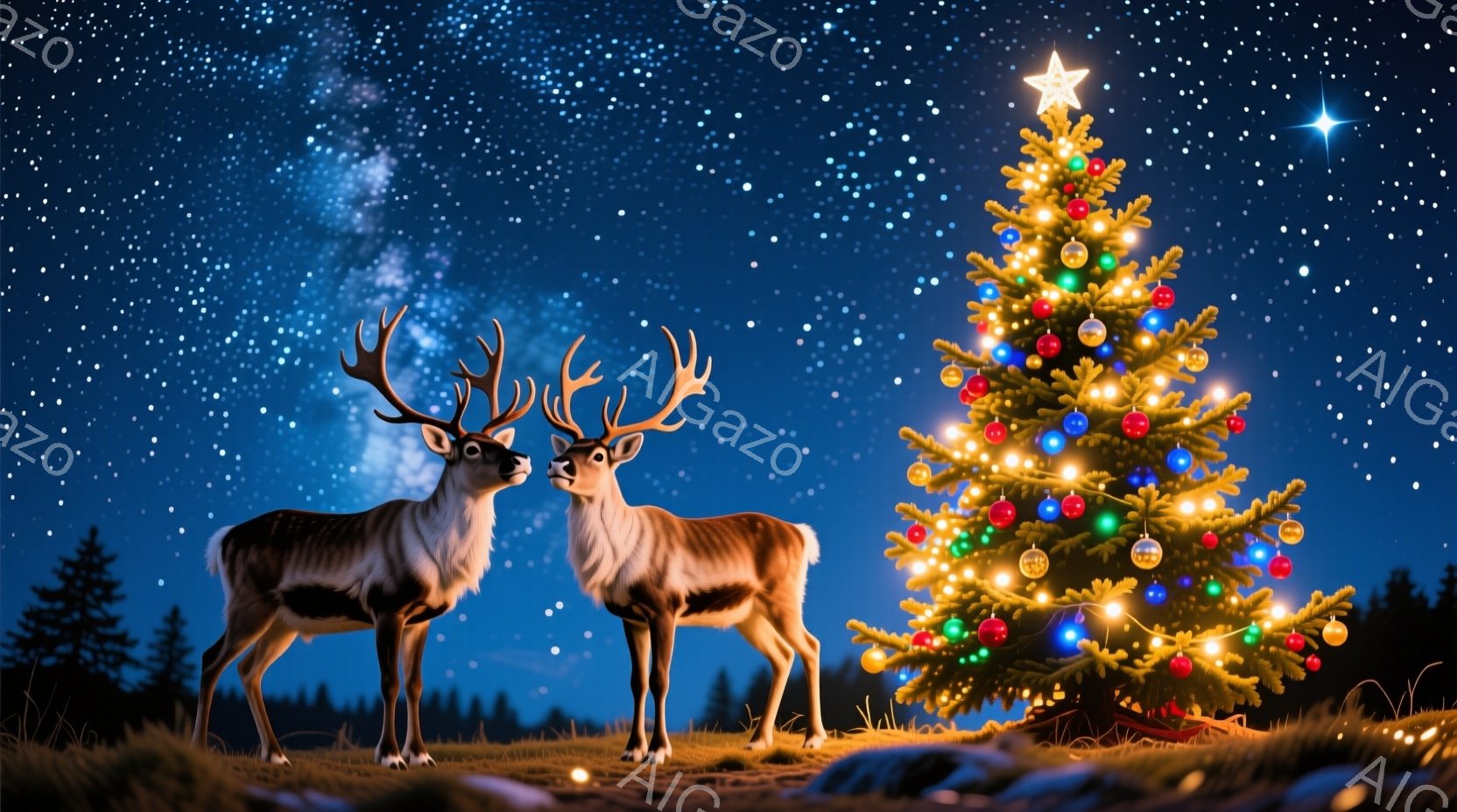 夜空の下、二頭のトナカイがクリスマスツリーの前に立っている。ツリーは色とりどりのオーナメントと光で飾られ、周囲は暗い森と短い草で覆われている。空には星が輝き、全体的に幻想的で温かいクリスマスの雰囲気が - AI生成フリー素材