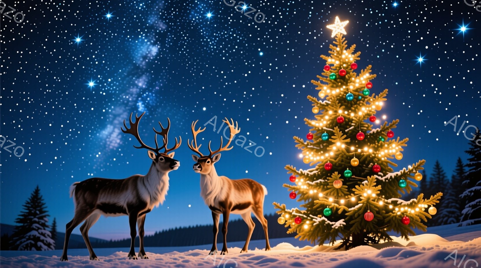 凍てつく雪原に、2頭のトナカイが寄り添って立っている。背景には、きらびやかな電飾で彩られた巨大なクリスマスツリーが聳え立ち、遠くには雪をまとった山々が連なっている。夜空には星が輝き、幻想的な冬の風景が - AI生成フリー素材