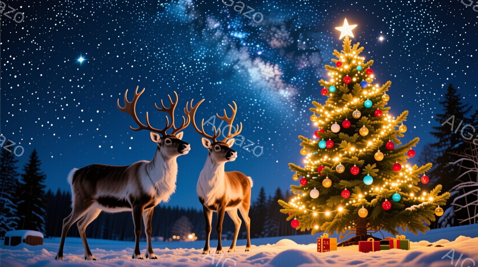 雪景色の中に、クリスマスの飾り付けられた大きなモミの木が輝いています。二匹のトナカイが雪の上に立っており、モミの木を見つめています。背景には暗い森と星空が広がり、静かで幻想的な雰囲気を醸し出しています - AI生成フリー素材