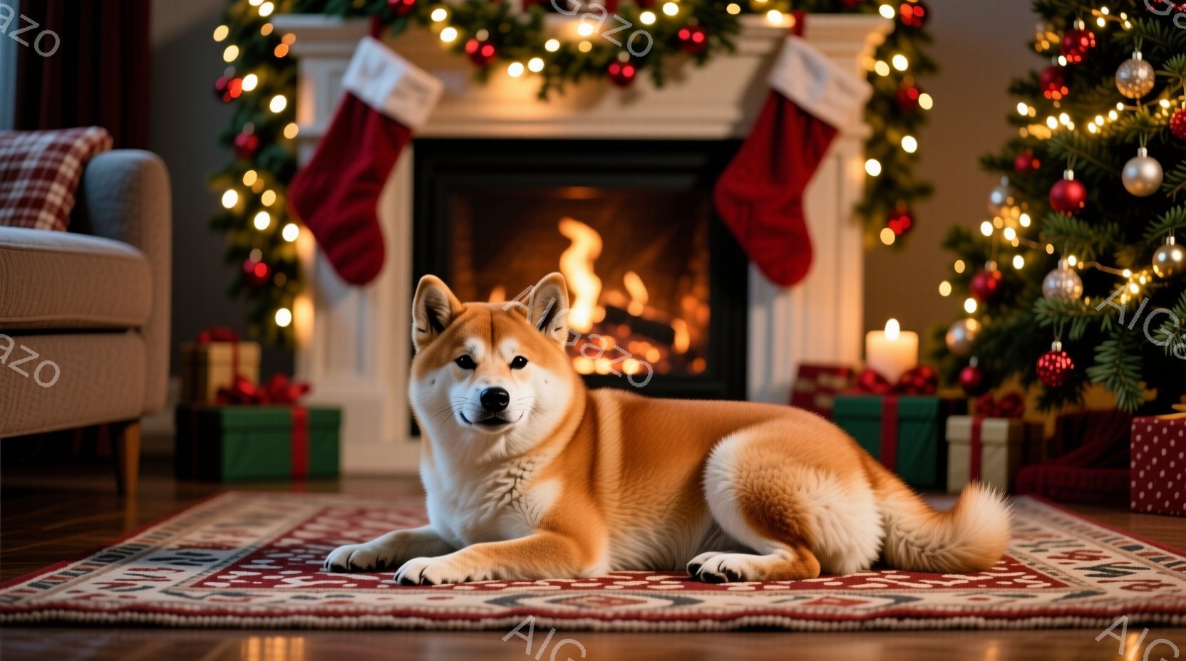 暖炉の前で、柴犬が絨毯の上で横たわっています。クリスマスツリーとプレゼントボックスが背景にあり、暖かく、心地よい雰囲気を醸し出しています。柴犬はリラックスした表情で、穏やかなクリスマスの光景を演出して - AI生成フリー素材