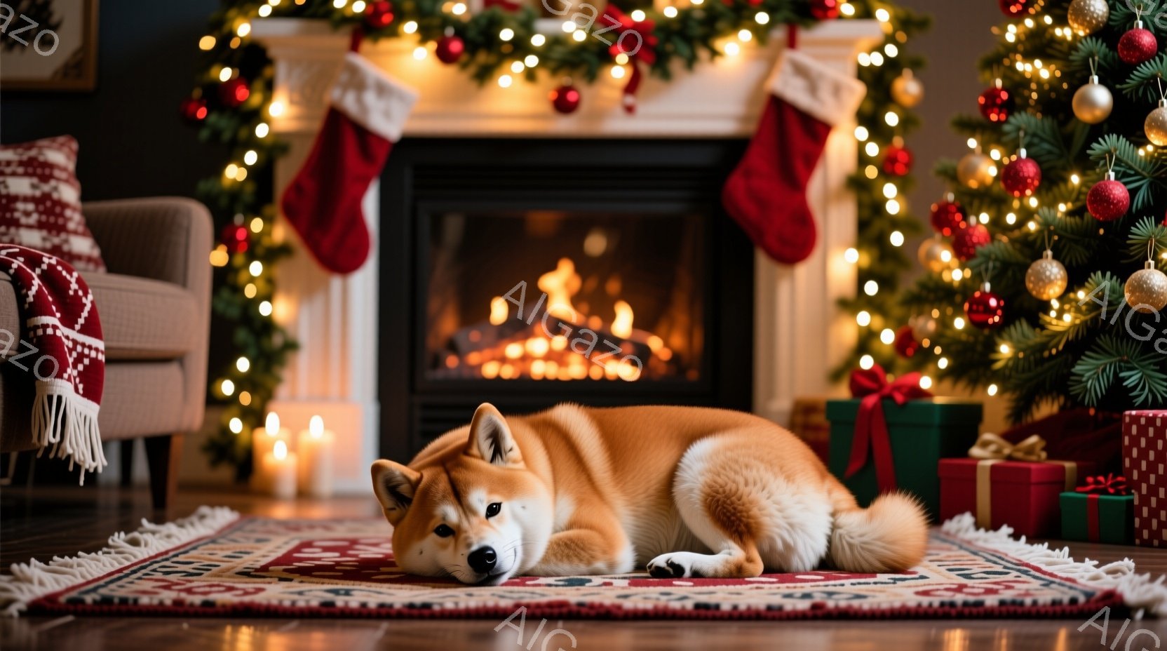 暖炉の前で、茶色の柴犬が敷物の上でリラックスして横たわっています。背景には、クリスマスツリー、プレゼント、そして暖炉に飾られたクリスマスストッキングがあり、温かく居心地の良い雰囲気を醸し出しています。 - AI生成フリー素材