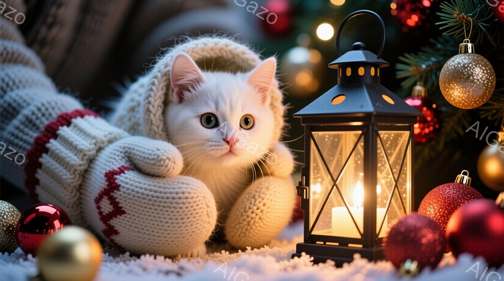 白い毛並みの猫が、オフホワイトと赤のニット製のミトンと帽子を身に着けている。猫は丸まって座り、大きな緑色の目でカメラを見つめている。背景には、クリスマスツリーの飾り、赤いオーナメント、そして暖かく光るランタンが置かれ、雪のような白いふわふわした素材が敷き詰められている。