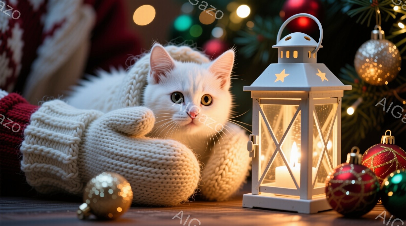 白い猫が白い編み物のミトンの中に横たわり、丸いクリスマスオーナメントに囲まれています。猫は少し警戒した表情でカメラを見ており、背景にはぼやけたクリスマスツリーと電飾が見えます。全体的に暖かく、穏やかなクリスマスの雰囲気が漂っています。