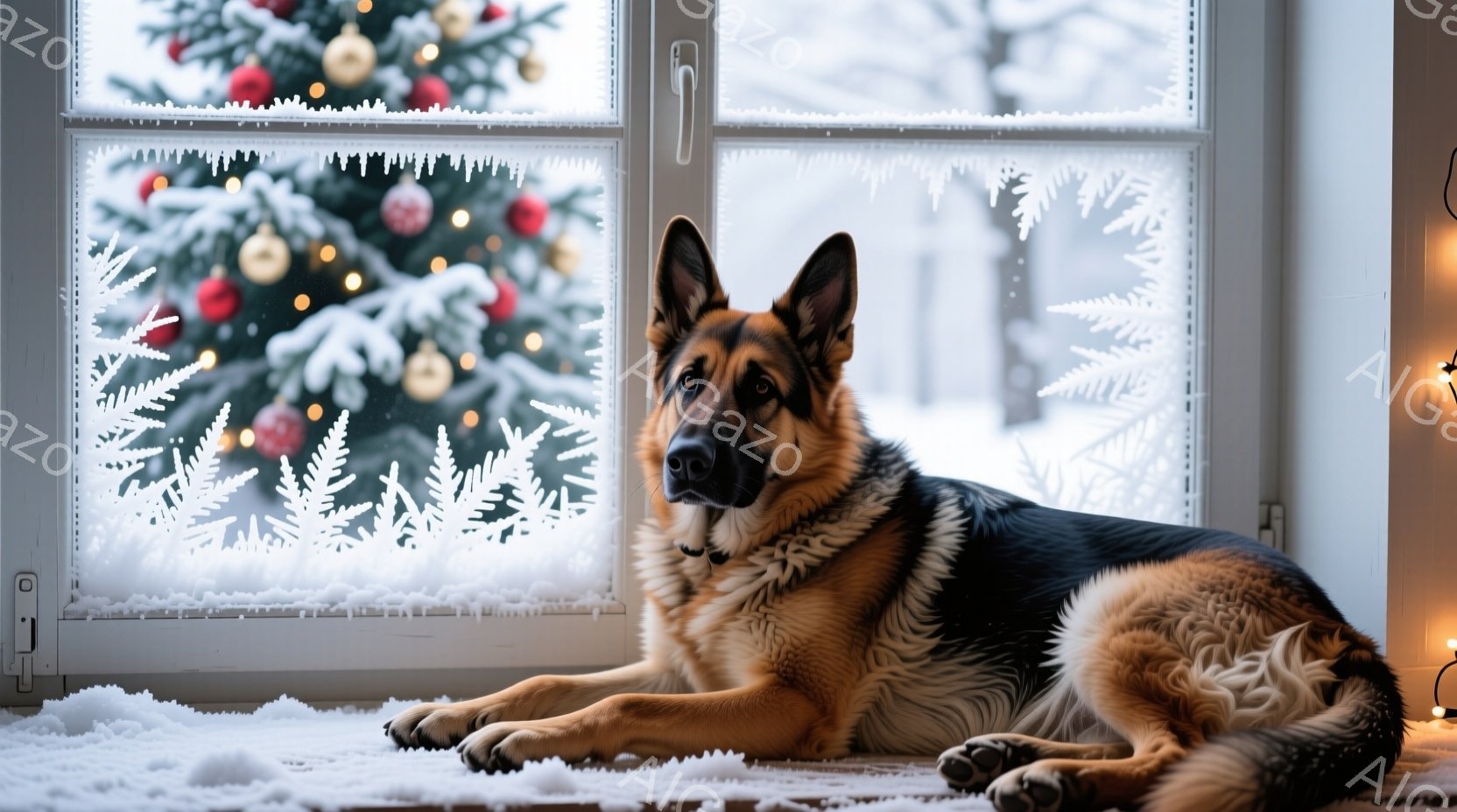 白い窓枠のそばに、ドイツシェパードが横たわっています。窓の外には雪景色とクリスマスツリーが見え、冬の穏やかな雰囲気を醸し出しています。犬はリラックスした表情で、暖炉の光が暖かさを添えています。 - AI生成フリー素材