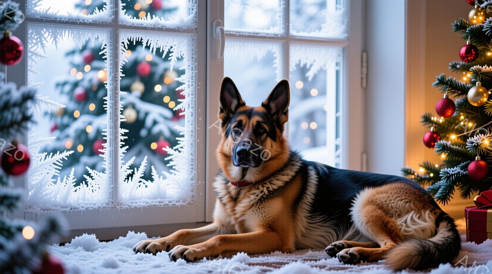 ドイツシェパード犬が白い敷物の上に横たわっています。窓の外には雪景色が見え、窓枠には雪の結晶の装飾が施されています。背景にはクリスマスツリーが飾られており、赤いオーナメントと電飾が暖かく輝き、クリスマ - AI生成フリー素材