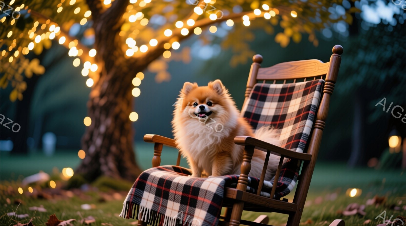 ふわふわのクリーム色のポメラニアンが、チェック柄のブランケットが掛けられたロッキングチェアに座っています。犬は穏やかな表情でカメラを見つめ、まるでリラックスしてくつろいでいるようです。背景には緑の芝生 - AI生成フリー素材