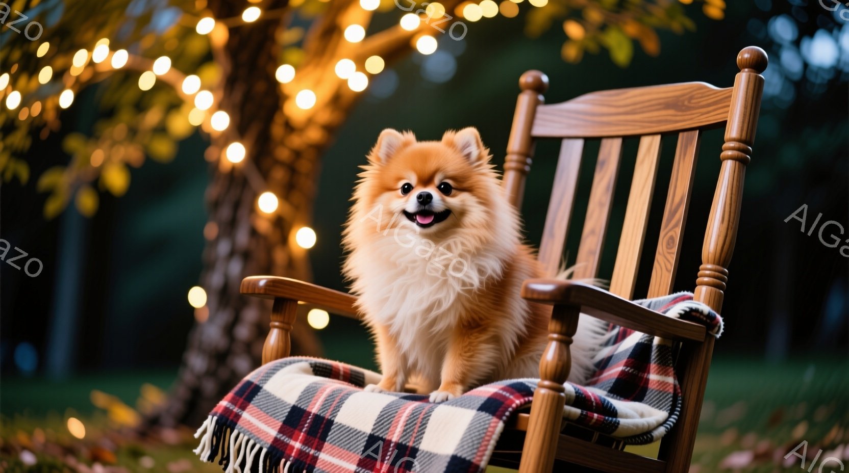 明るい茶色の毛並みを持つ小型犬が、チェック柄のブランケットがかけられたロッキングチェアに座っています。犬は正面を向き、笑顔でカメラを見つめており、リラックスした様子が伺えます。背景には木々が生い茂り、 - AI生成フリー素材