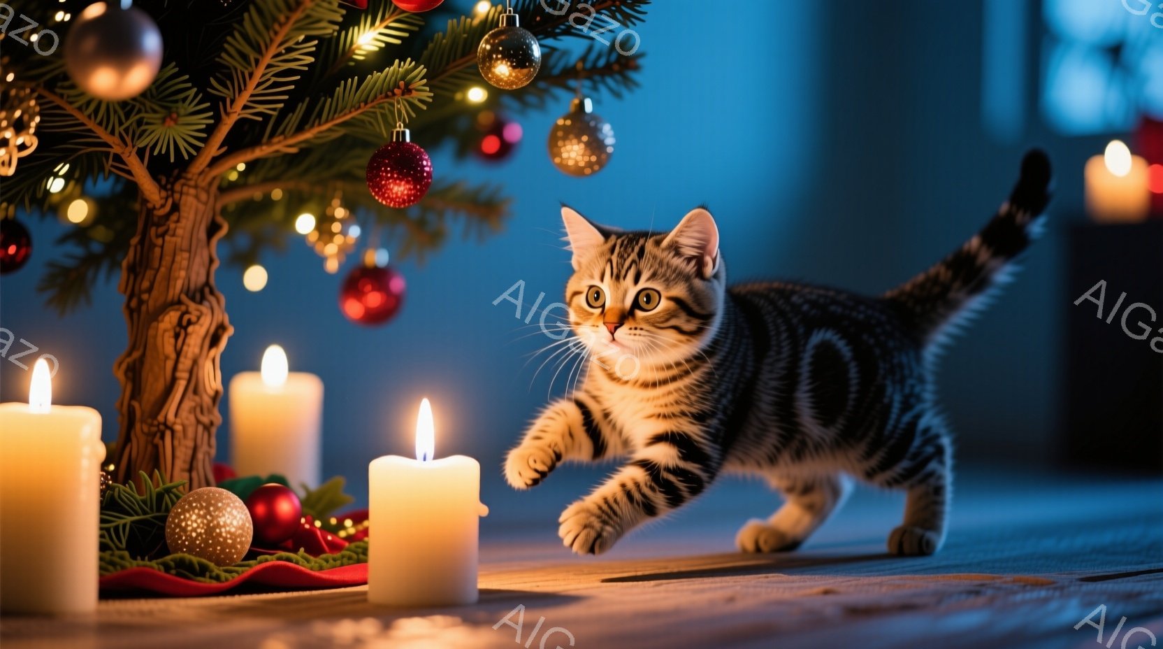 クリスマスツリーの前に、縞模様の小さな子猫が駆け出そうとしている様子が描かれています。ツリーはオーナメントで飾られ、周囲には赤いテーブルクロスの上にキャンドルが置かれています。暖かく穏やかな光が全体を - AI生成フリー素材