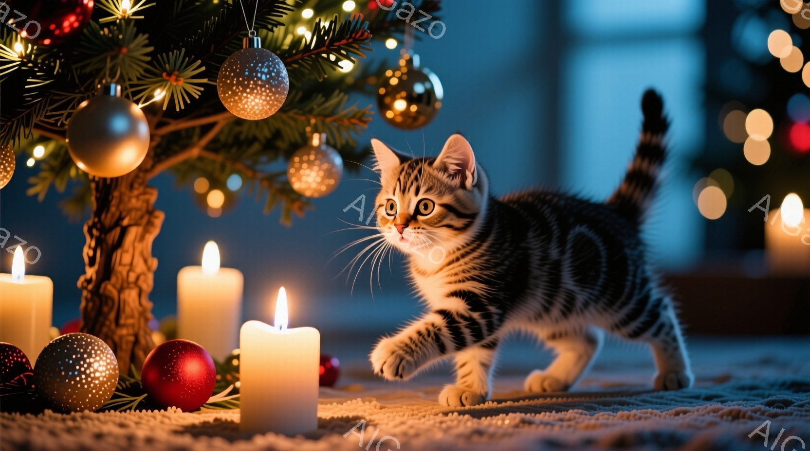縞模様の小さな子猫が、クリスマスツリーの近くで明るく光るキャンドルに向かって歩いています。背景にはぼやけたクリスマスツリーの飾りと、さらにぼやけた光の玉があり、温かく穏やかな雰囲気を作り出しています。 - AI生成フリー素材