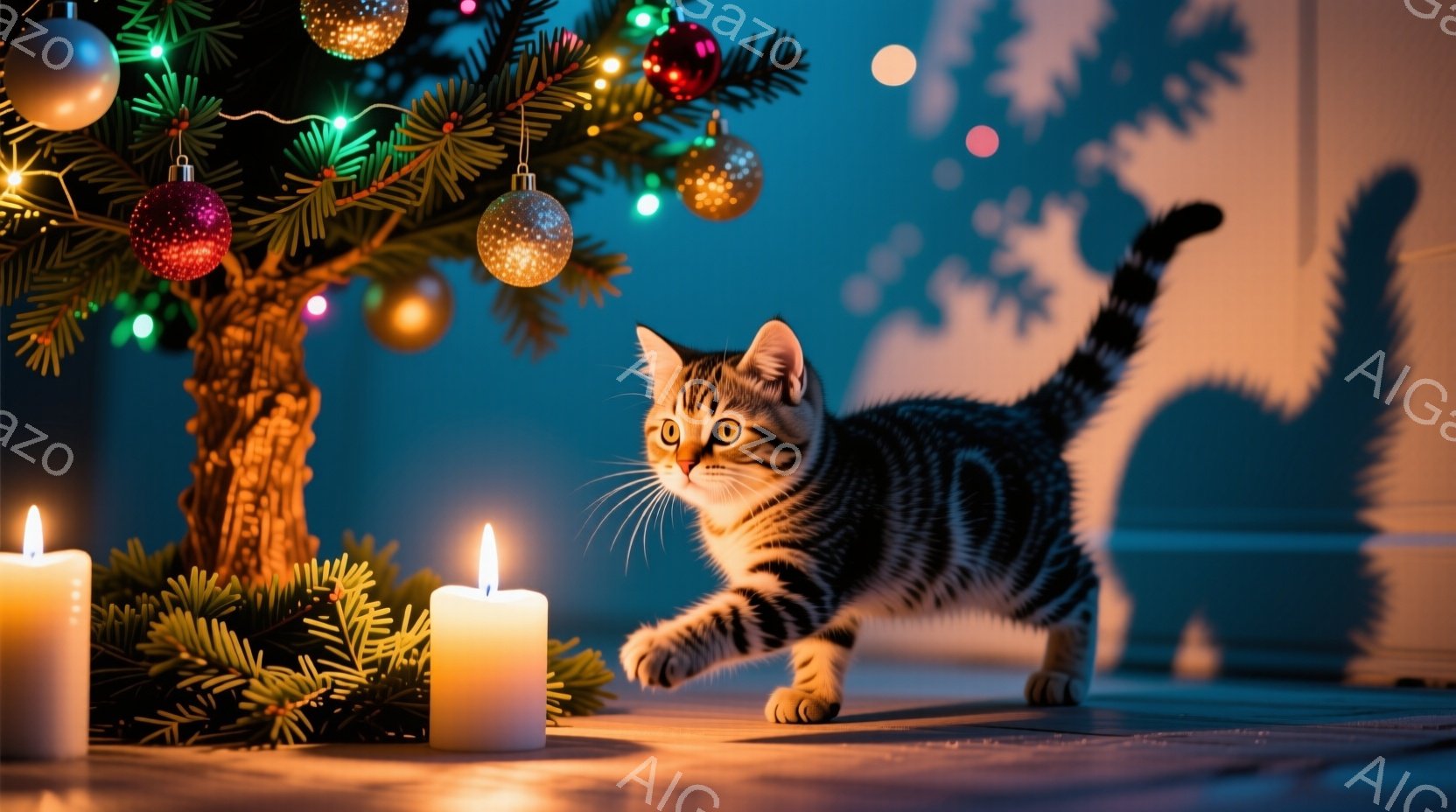 縞模様の小さな子猫が、クリスマスの飾り付けられたツリーと点灯したキャンドルの近くを歩いています。ツリーは様々な色のオーナメントで飾られており、背景は暗く、お祝いの雰囲気を醸し出しています。全体的に、暖 - AI生成フリー素材