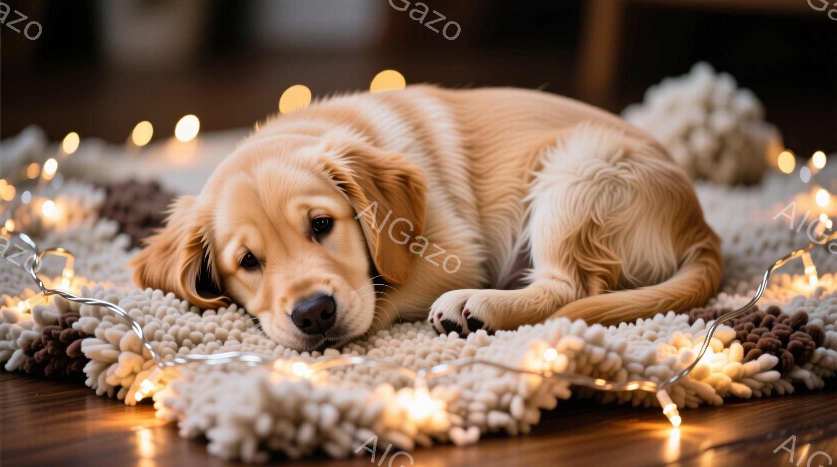 金色の毛並みを持つ子犬が、ふわふわとした白いラグの上でリラックスして横たわっています。周囲には温かい光を放つイルミネーションが散りばめられ、穏やかで安らかな雰囲気を醸し出しています。木製の床が暖かさを - AI生成フリー素材