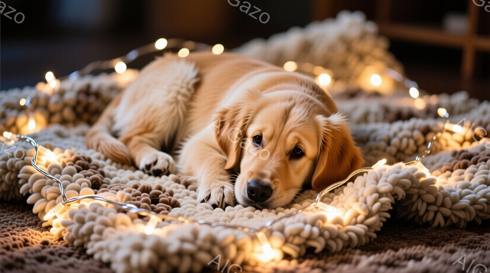 明るいクリーム色のラグの上に、黄金色の毛並みのゴールデンレトリバーの子犬が横たわっています。子犬は穏やかな表情でカメラを見つめ、リラックスした姿勢で四肢を伸ばしています。背景にはぼやけた家具が見え、暖 - AI生成フリー素材