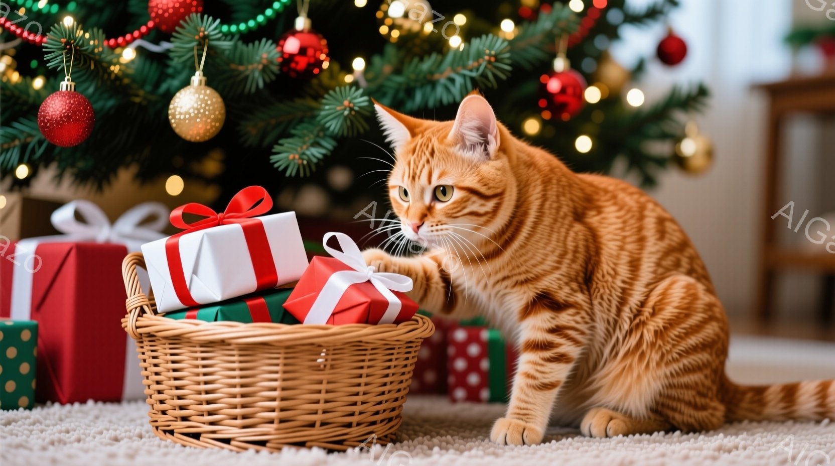 オレンジ色の縞模様の猫が、クリスマスツリーの下にあるバスケットから赤いリボンで結ばれたプレゼントを覗き込もうとしています。背景には緑のクリスマスツリーが飾り付けられ、煌めく電飾とオーナメントが暖かく、お祝いの雰囲気を醸し出しています。猫は興味津々でプレゼントに手を伸ばし、柔らかい毛並みが光を受けて輝いています。