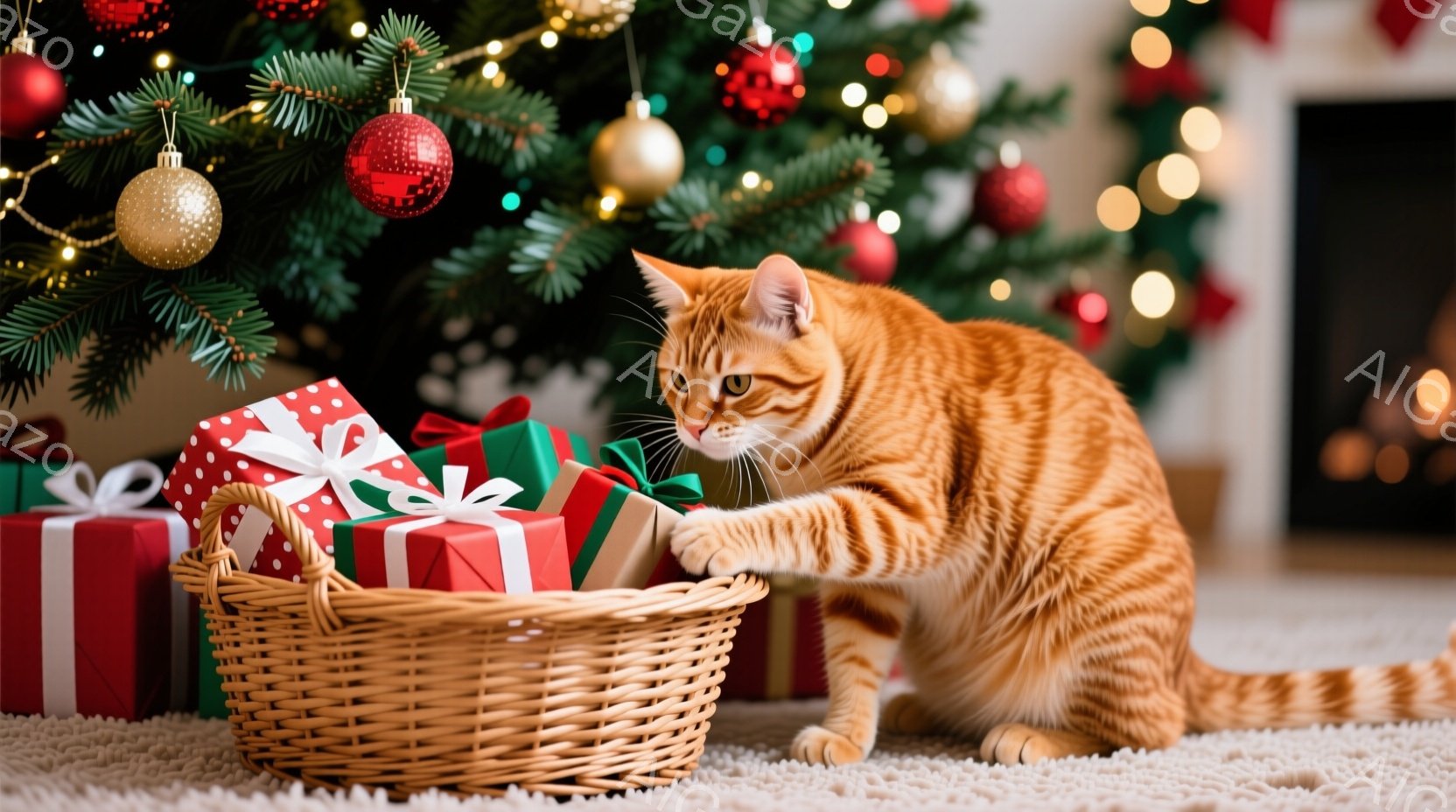 明るいベージュ色のラグの上に、編み込みのバスケットが置かれ、赤、緑、金色のリボンで飾られたプレゼントがいくつか入っています。オレンジ色の縞模様の猫がバスケットの縁に前足をかけ、プレゼントを興味深そうに見つめています。背景にはクリスマスツリーが飾られ、暖炉の光がぼんやりと見え、全体的に温かく、お祝いの雰囲気を醸し出しています。