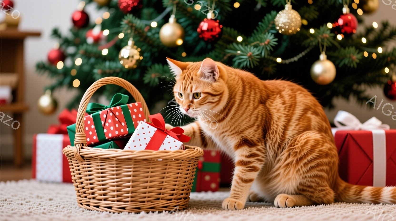 暖炉のそばに置かれたバスケットに猫が興味津々で手を伸ばしています。猫はオレンジ色の毛並みで、集中した表情でプレゼントの包みを見つめています。背景には、クリスマスツリーが飾られ、赤いオーナメントと光が暖 - AI生成フリー素材