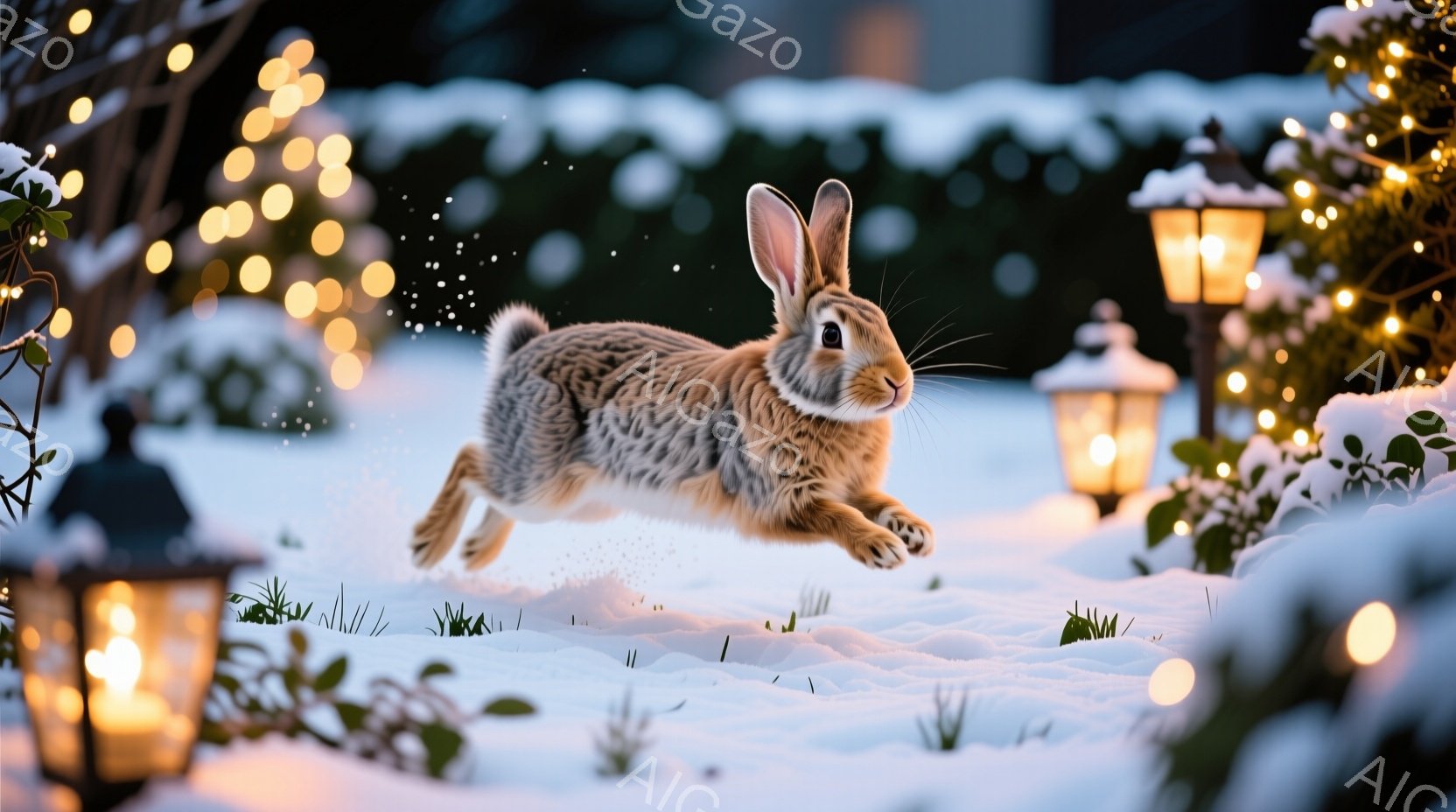 雪景色の中で、茶色のウサギが飛び跳ねています。周囲には雪に覆われた植物と、暖かく光るランタンが点在し、冬の静寂と温かさを感じさせます。背景はぼやけており、ウサギの躍動感と、ランタンの優しい光が際立って - AI生成フリー素材