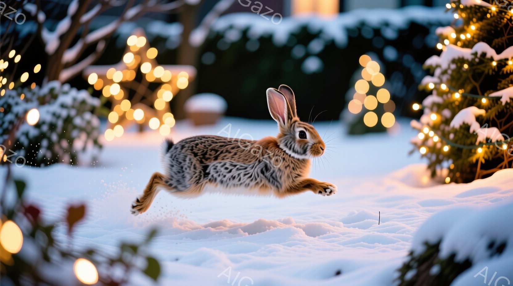 雪景色の中で、茶色いウサギが大きくジャンプしている様子が捉えられています。背景には、輝くイルミネーションが飾られた緑の木々があり、冬の暖かく幻想的な雰囲気を醸し出しています。雪はふわりと降り積もり、ウ - AI生成フリー素材