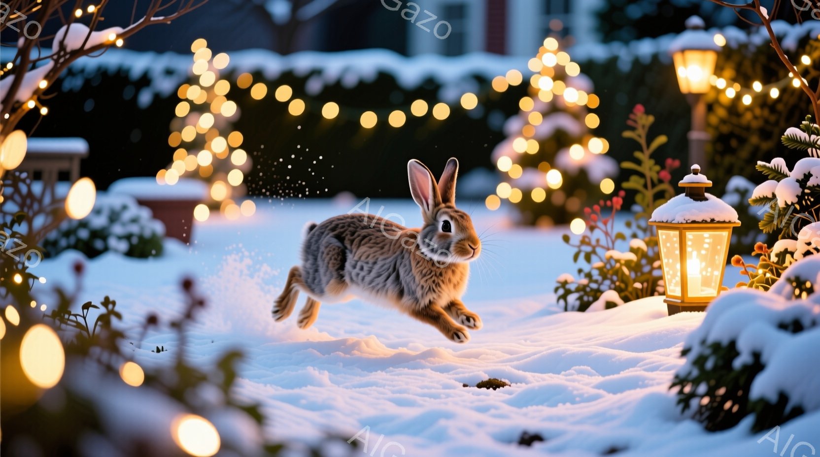 雪景色の中で、茶色のウサギが勢いよく飛び跳ねています。背景には、輝くイルミネーションで飾られた植物と、ぼんやりと見える建物があり、冬の暖かい雰囲気を醸し出しています。雪は降り積もり、ウサギの周囲に足跡 - AI生成フリー素材