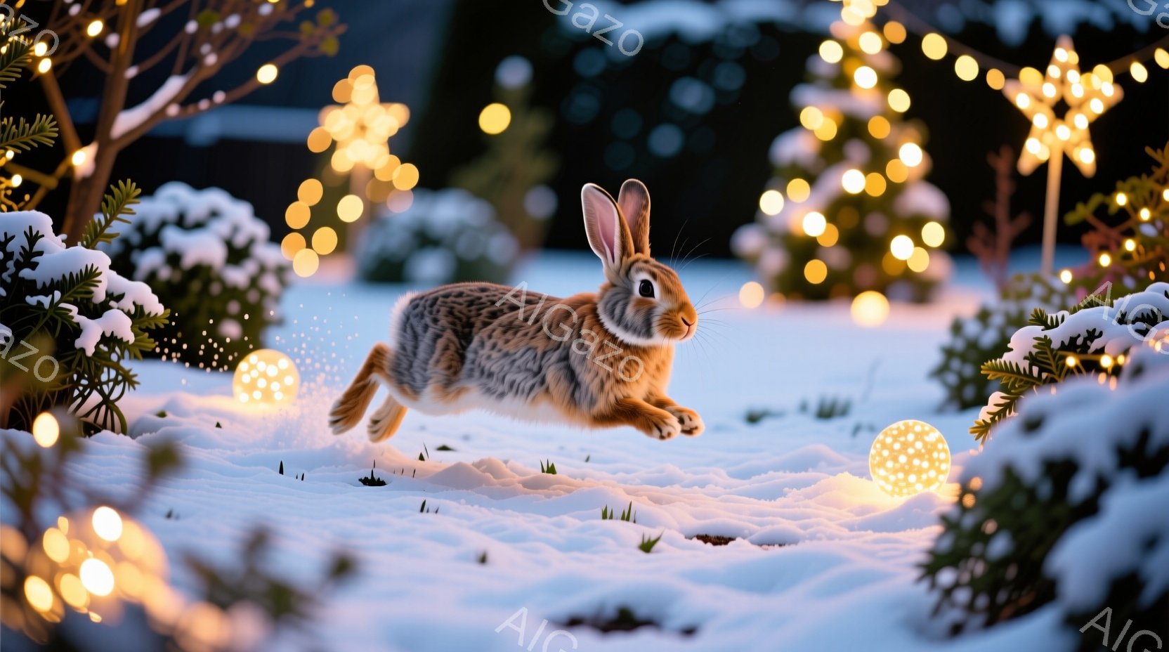 雪景色の中で、茶色のウサギが大きくジャンプしている様子が捉えられています。周囲には雪をまとった低木があり、背景にはぼんやりと木々が見え、温かい光のイルミネーションが幻想的な雰囲気を醸し出しています。雪 - AI生成フリー素材