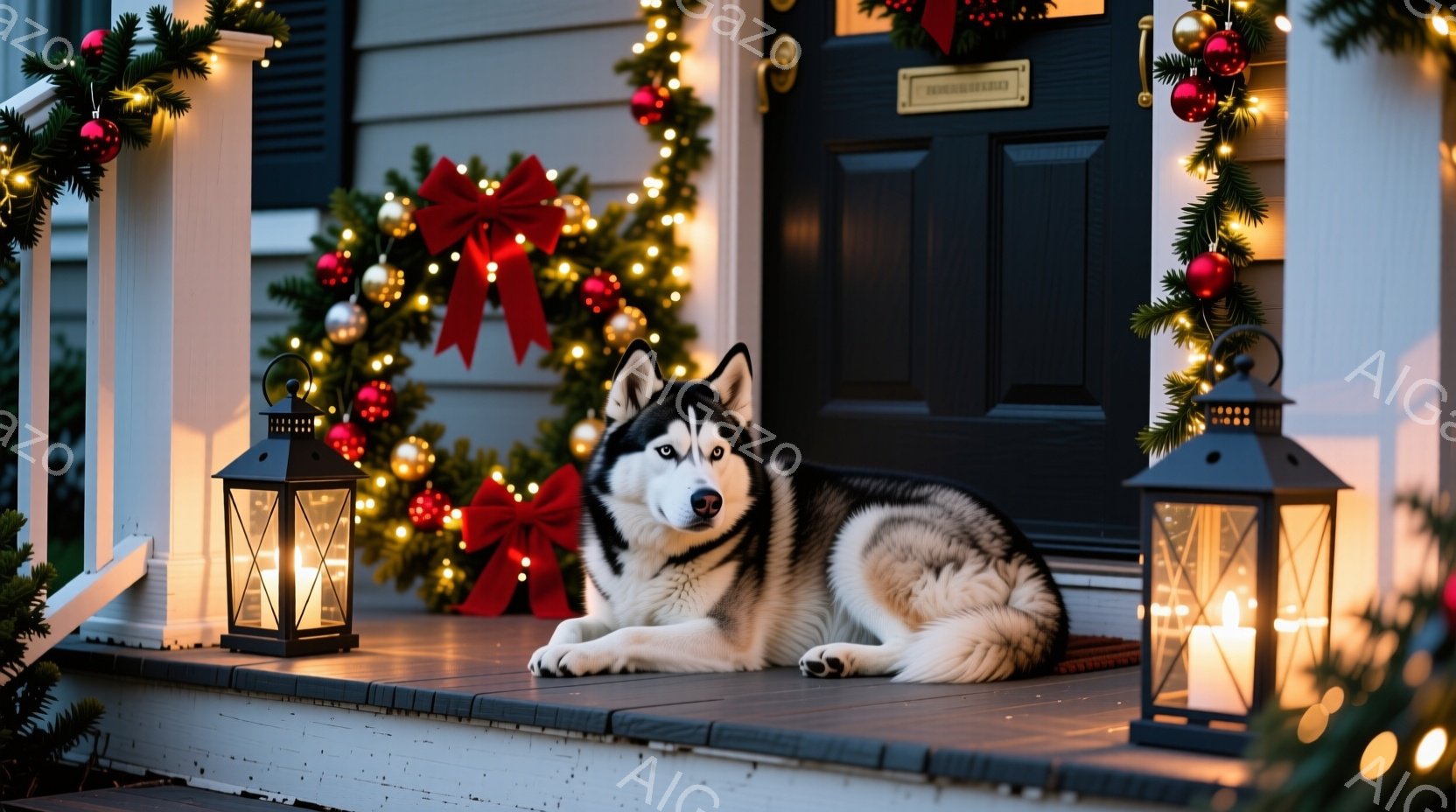 玄関のステップに、美しいシベリアンハスキーが横たわっています。背景にはクリスマスリースとライトで飾られた玄関があり、暖かくお祝いの雰囲気が漂っています。暗い背景に灯されたランタンが、ハスキーとクリスマ - AI生成フリー素材