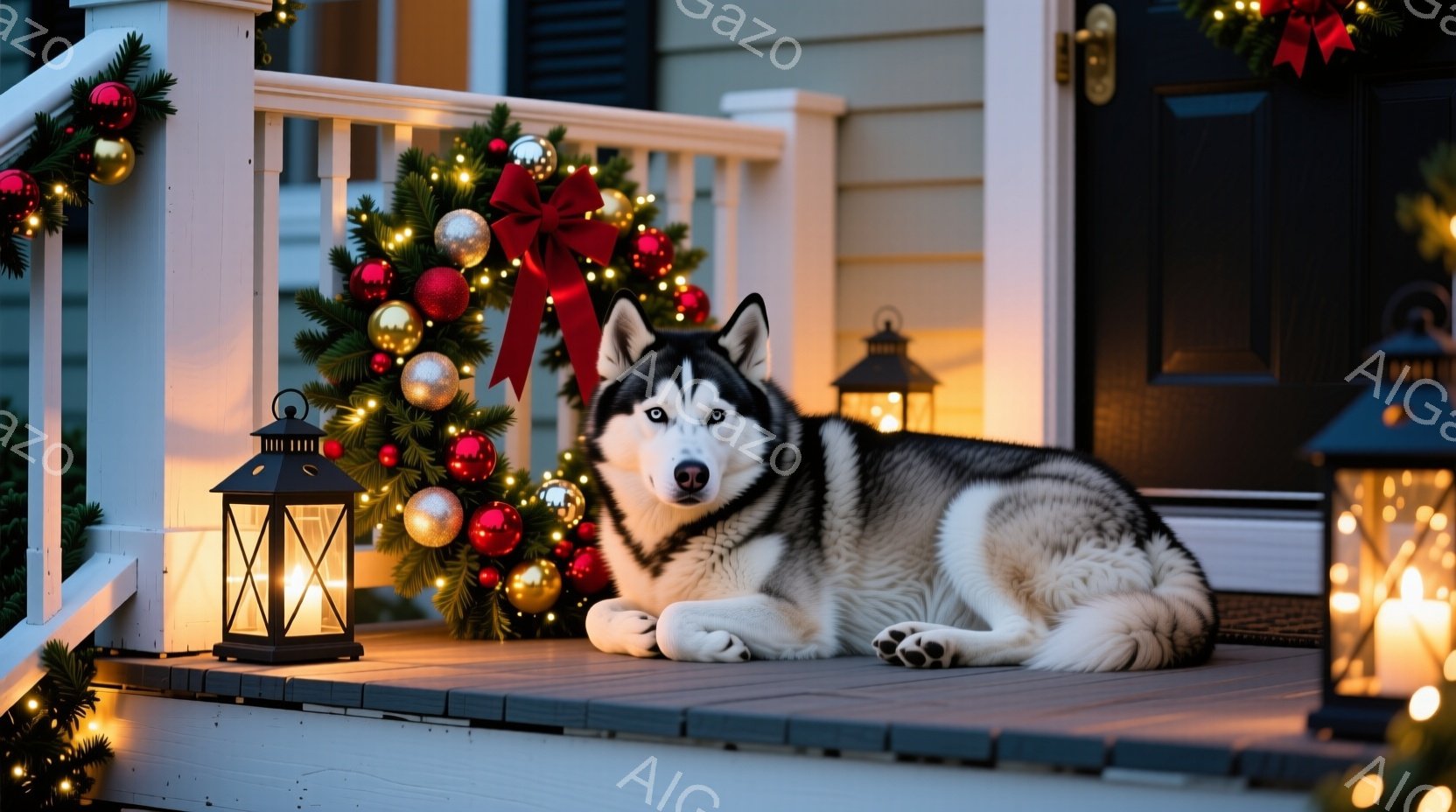 白と黒のシベリアンハスキーが、クリスマスの装飾が施された家の玄関ポーチで横たわっています。周りには点灯したランタンやクリスマスツリー、オーナメントが配置され、温かく幻想的な雰囲気を醸し出しています。犬 - AI生成フリー素材