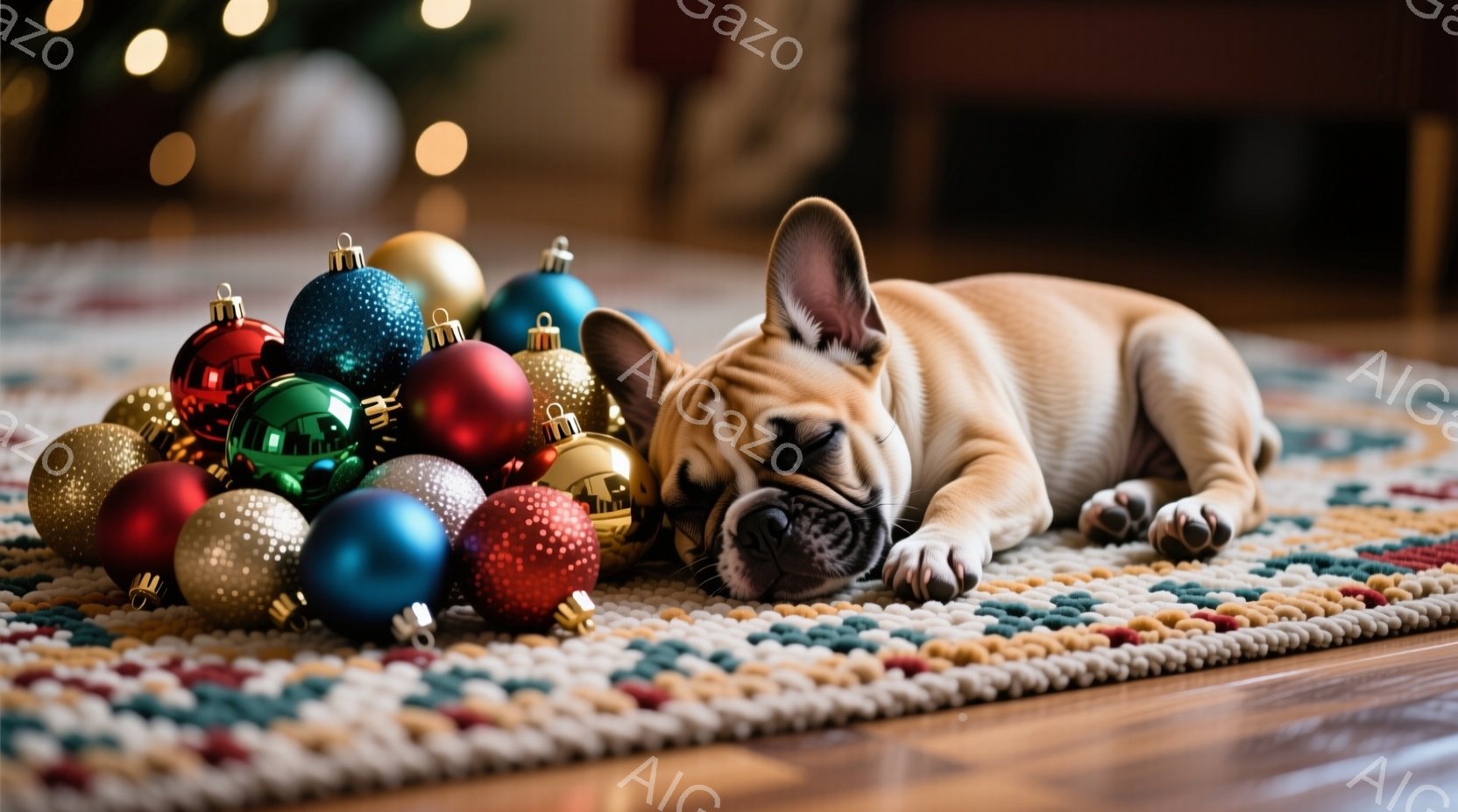 小さなクリーム色のフレンチブルドッグが、カラフルなクリスマスオーナメントの間に横たわって眠っています。オーナメントは赤、青、金、緑など様々な色で、床に散らばるように置かれています。背景はぼやけていますが、暖色の光がちらつき、クリスマスの雰囲気が漂っています。