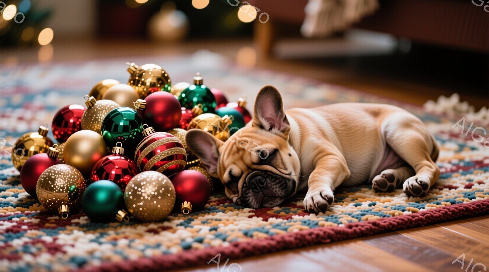 暖炉の敷物の上に、たくさんのクリスマスオーナメントに囲まれた小さな犬が横たわって眠っています。犬はクリーム色の毛並みで、丸くなってリラックスした様子で、まるでクリスマスの飾りの一部であるかのようです。 - AI生成フリー素材