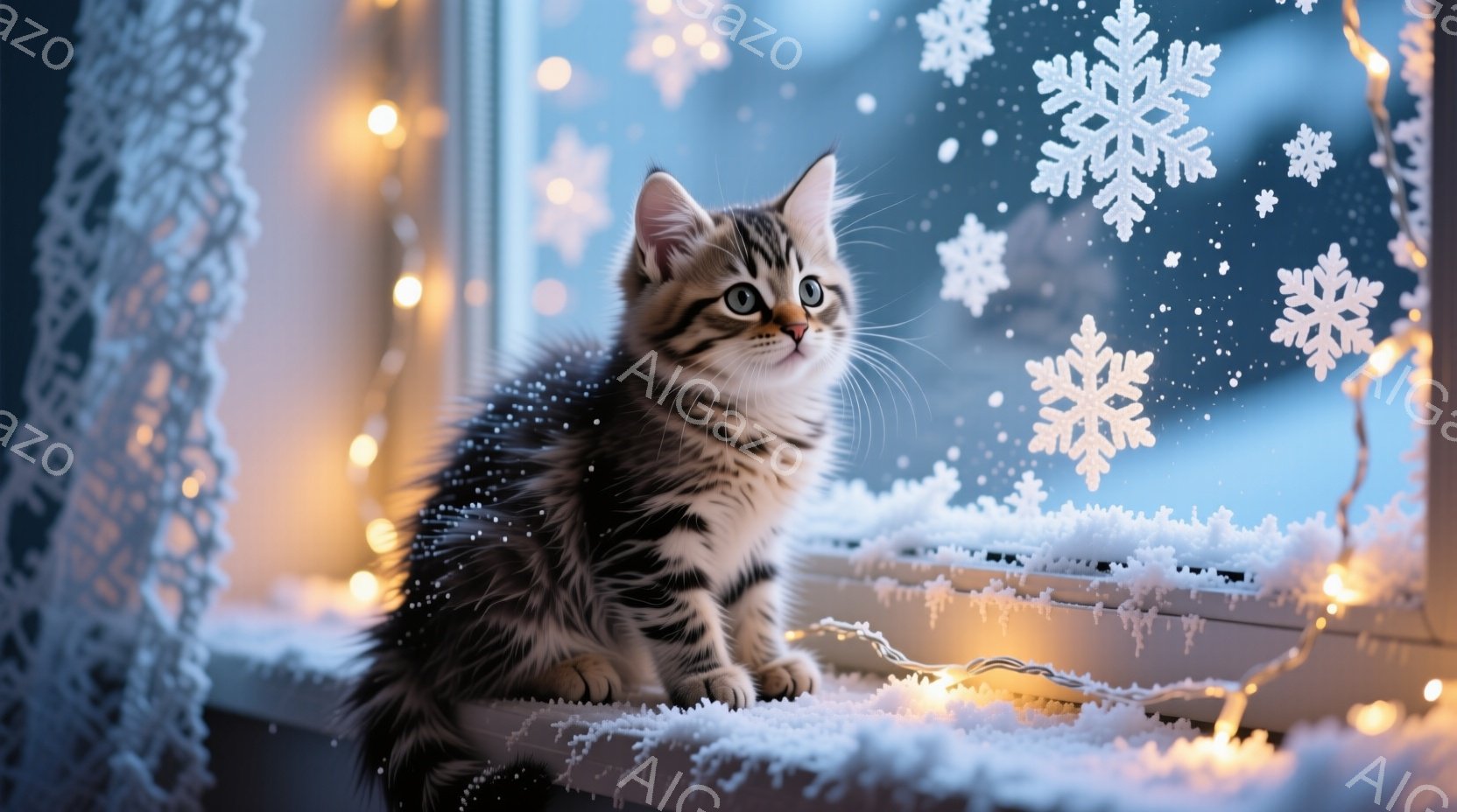 小柄な縞模様の子猫が窓辺に座り、好奇心旺盛な表情でこちらを見ている。窓には雪の結晶のステッカーが貼られ、イルミネーションライトが暖かく光り、冬の穏やかな雰囲気を醸し出している。雪が窓枠に積もり、クリス - AI生成フリー素材