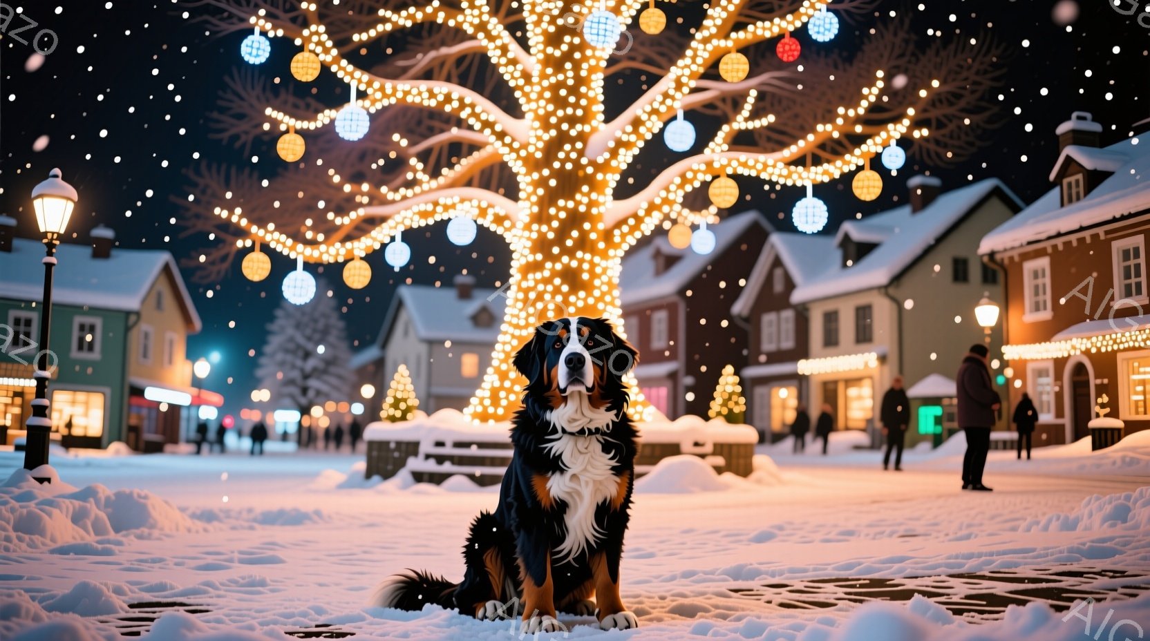 雪が降り積もる夜の街並みで、大きなバーニーズ・マウンテン・ドッグが正面を向いて座っている。背景には、クリスマスイルミネーションで飾られた木々や、窓明かりが灯る建物が並び、暖かく幻想的な雰囲気を醸し出し - AI生成フリー素材