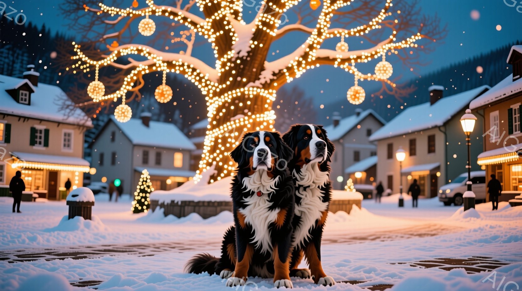 雪が降り積もる町の広場に、二匹のバーニーズ・マウンテン・ドッグが座っています。彼らはリラックスした表情で正面を見つめ、周囲のクリスマスの飾り付けられた木々や建物がぼんやりと見えます。背景には雪化粧された建物が並び、暖かい光が灯り、冬の穏やかで祝祭的な雰囲気が漂っています。