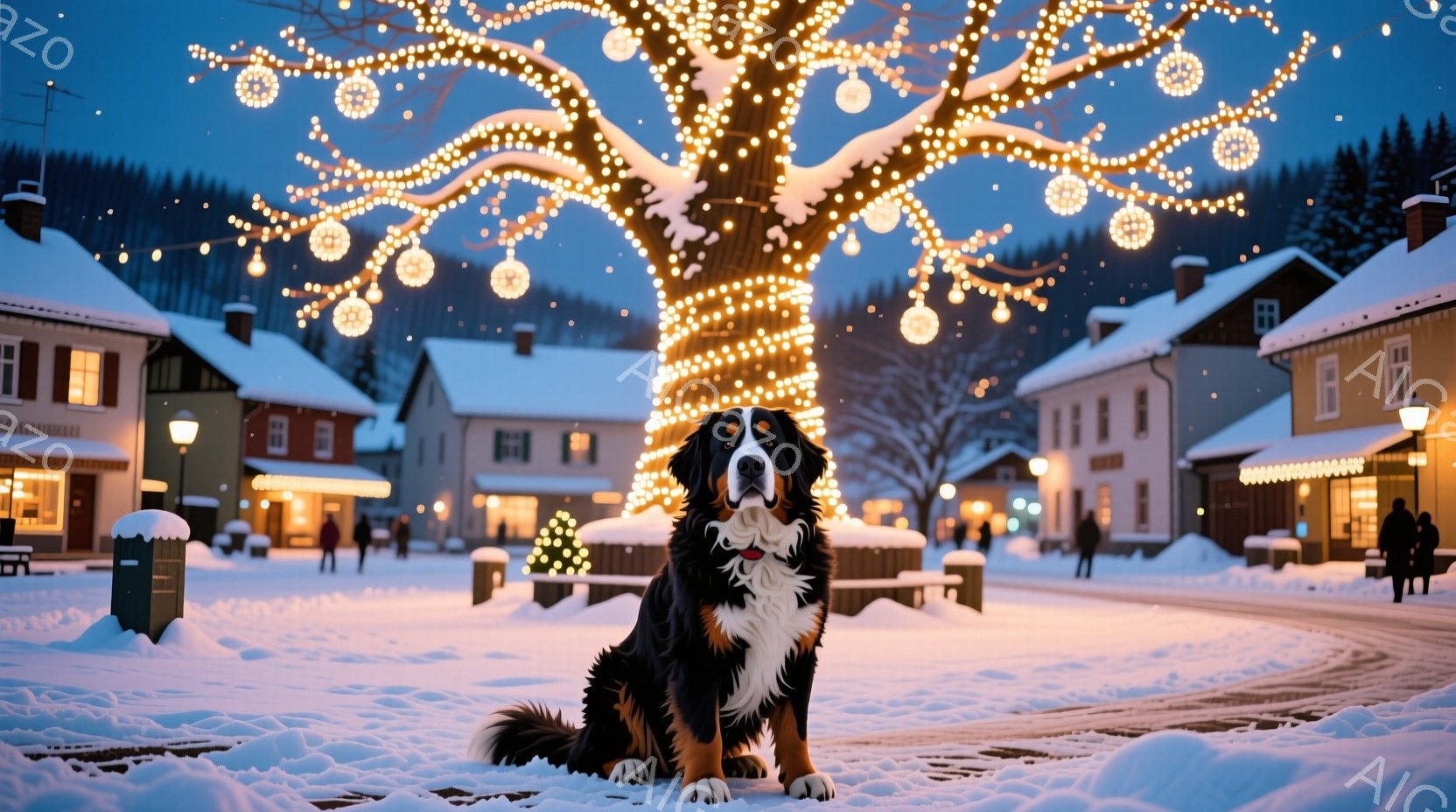 雪に覆われた広場の中央に、ベルン山犬が座って正面を見つめています。背景には、クリスマス装飾で飾られた建物や木々が立ち並び、雪が舞い散る冬の夜の穏やかな雰囲気を醸し出しています。建物は暖色の光で照らされ - AI生成フリー素材