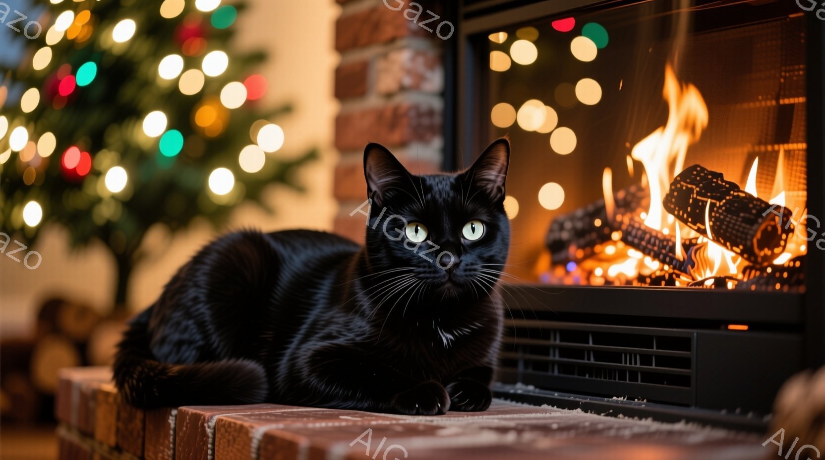 黒い猫がレンガ造りの暖炉の前に座り、カメラを見つめている。暖炉の中には燃え盛る炎があり、背景にはクリスマスツリーの温かい光がぼんやりと見える。全体的に、温かく居心地の良い冬の雰囲気を感じさせる写真であ - AI生成フリー素材