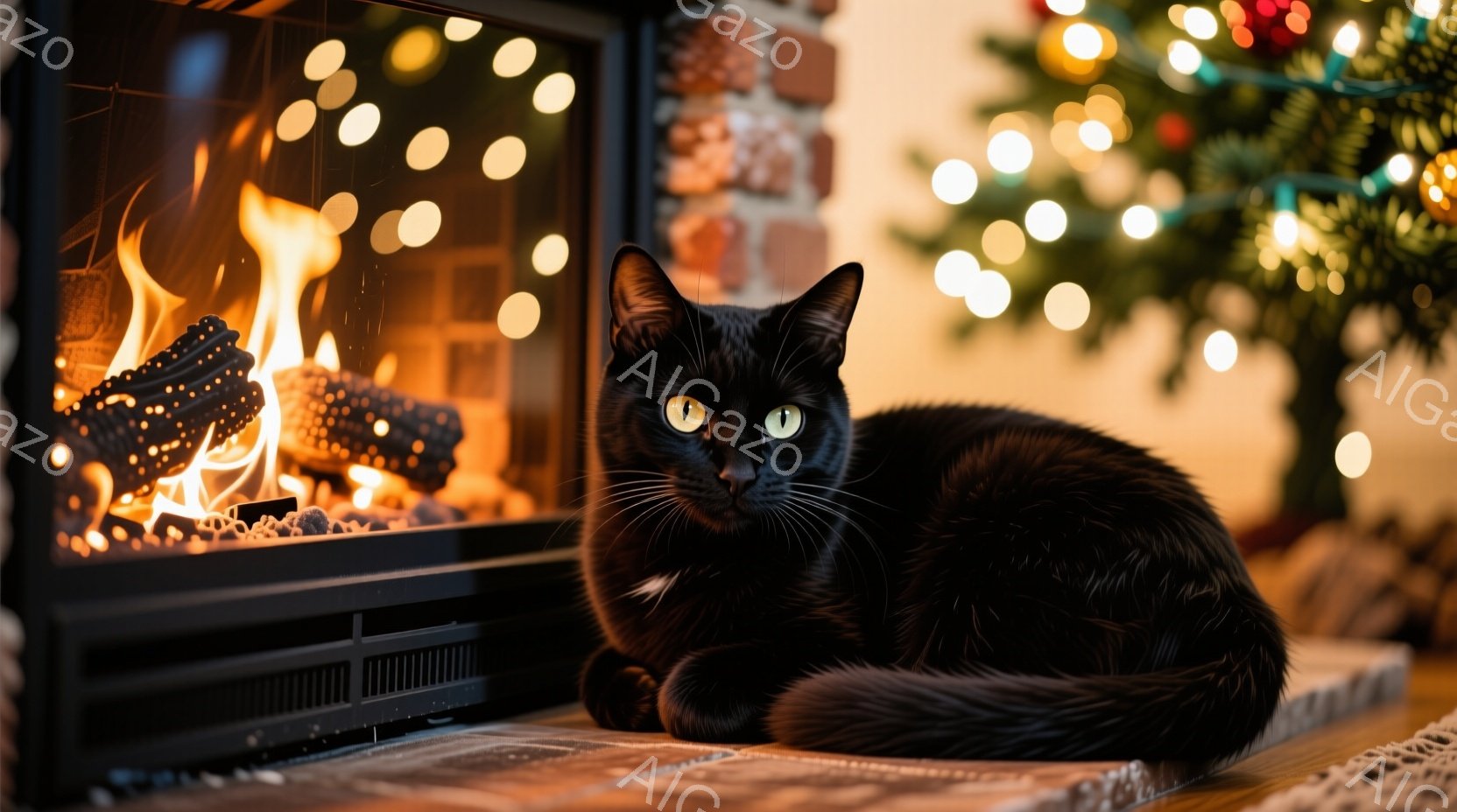 黒い猫が暖炉の前の敷居に丸まって座っています。猫の緑色の瞳が光っており、リラックスした表情で、背景にはぼんやりとしたクリスマスツリーの明かりが見えます。暖炉の火は赤とオレンジ色で燃え盛り、暖かく居心地の良い雰囲気を醸し出しています。