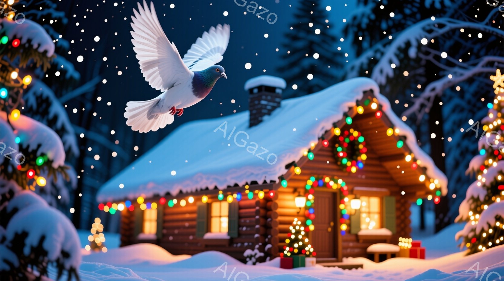 雪が降る中で、ログハウスがカラフルなイルミネーションで飾られています。屋根には雪が積もり、正面のドアの周りにはクリスマスツリーが飾られています。空には、羽を広げた白いハトが舞っており、静かで温かい冬の - AI生成フリー素材