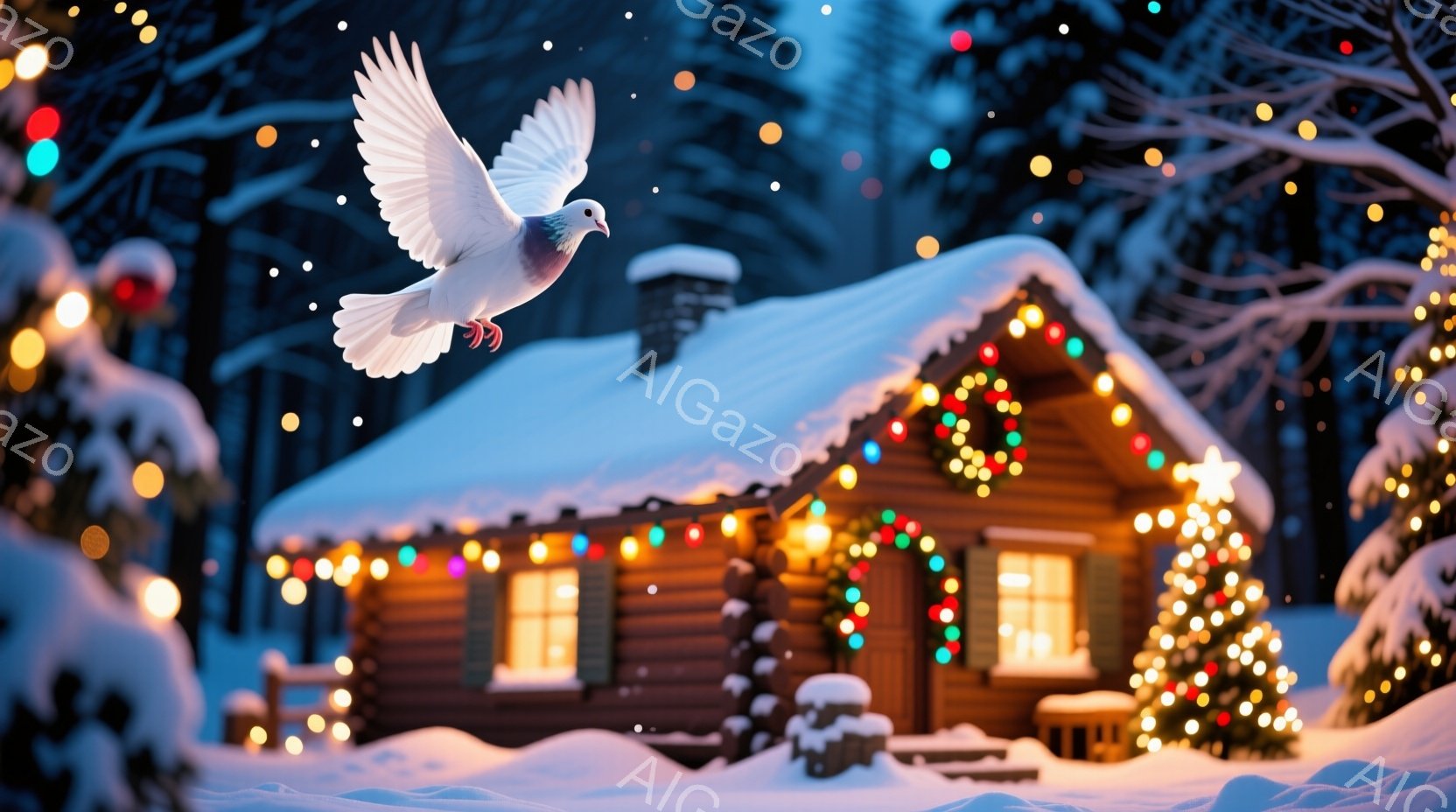雪深い森の中に、クリスマスイルミネーションで飾られた丸太小屋が描かれています。屋根には雪が積もり、窓からは温かい光が漏れ、暖炉からは煙が上がっています。空には白いハトが舞い、静かで穏やかな冬の夜の雰囲 - AI生成フリー素材