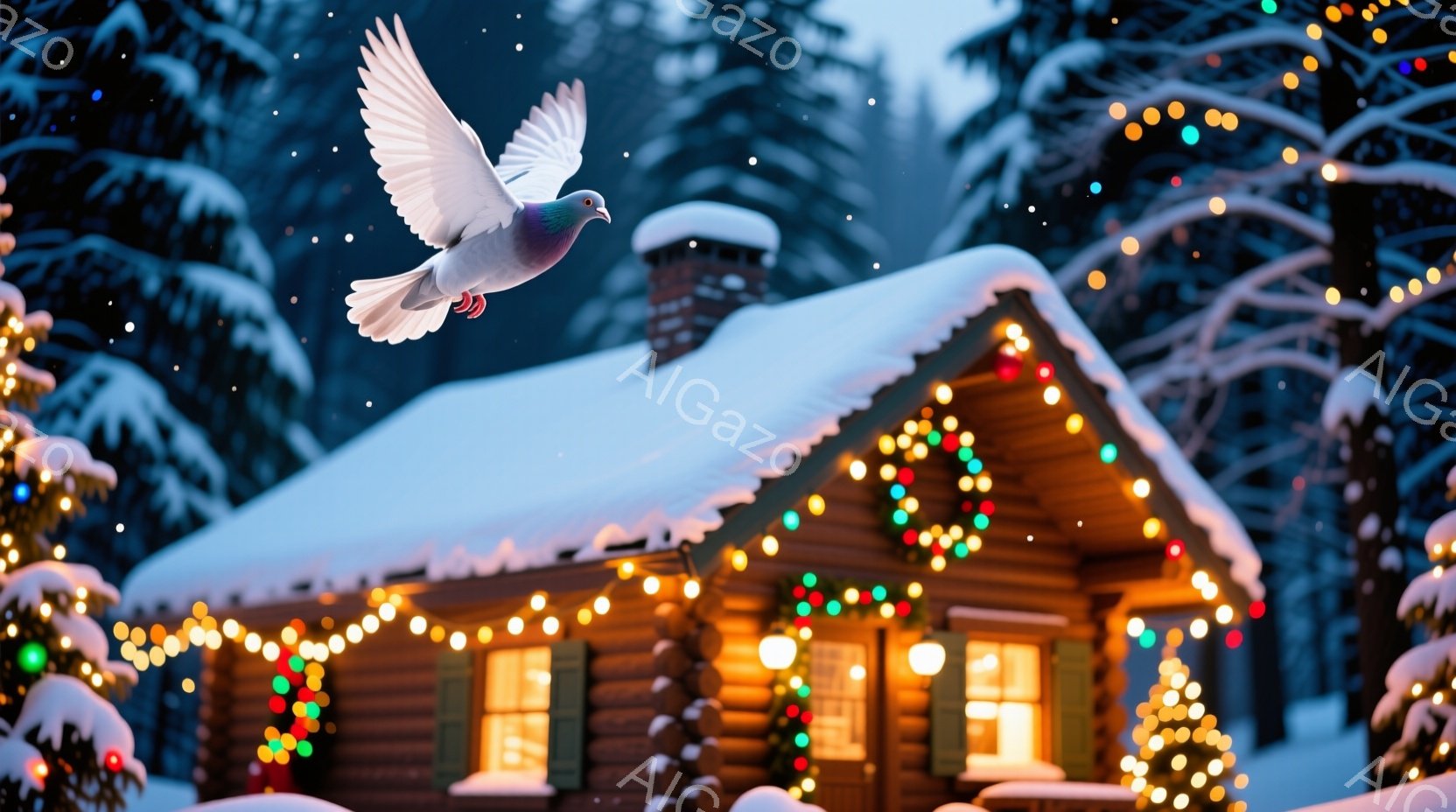 雪に覆われた丸太小屋が、カラフルなイルミネーションで美しく飾られています。空には白いハトが舞い上がり、小屋の温かい光と雪景色の中で幻想的な雰囲気を醸し出しています。背景には暗い緑の木々が立ち並び、冬の - AI生成フリー素材