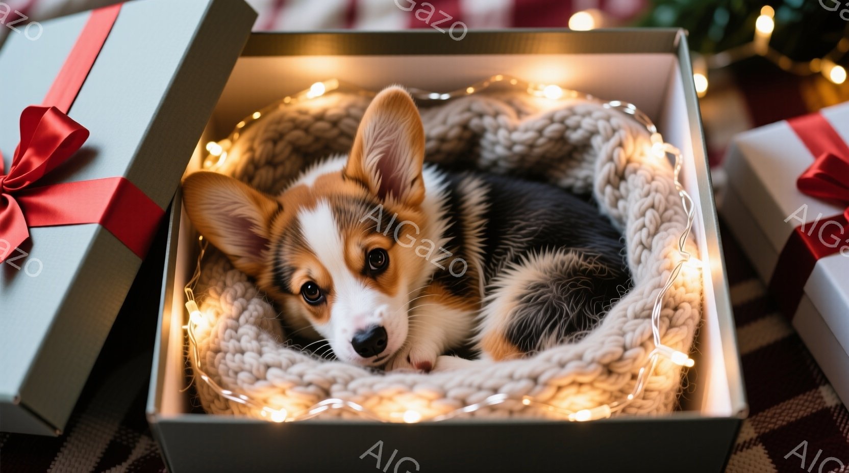 小さなコーギー犬が、編み物のベッドのようなものの中に丸まって眠っています。背景にはプレゼントボックスと、ぼんやりと光るクリスマスツリーのライトが見え、暖かく、お祝いムードに満ちています。犬はリラックス - AI生成フリー素材