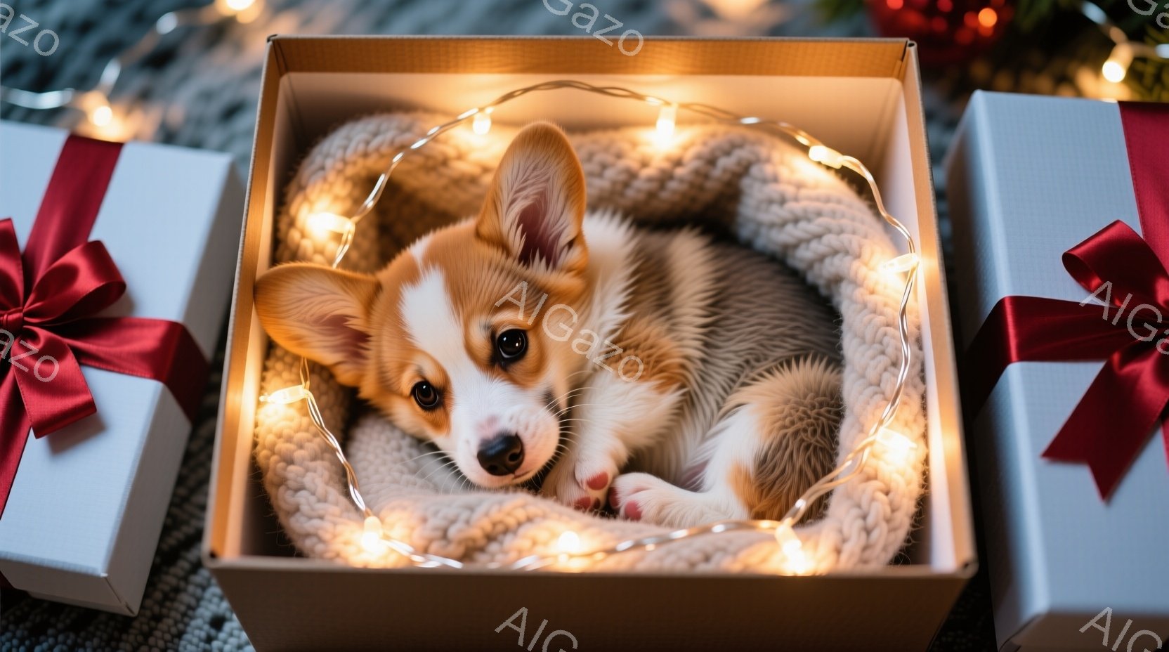 小さなコーギーの子犬が、クリーム色のニット生地で覆われた四角い箱の中で丸まって眠っています。箱の周りには暖かい光を放つ電飾が巻き付けられ、箱の左右には赤いリボンが付いた白いギフトボックスが置かれていま - AI生成フリー素材