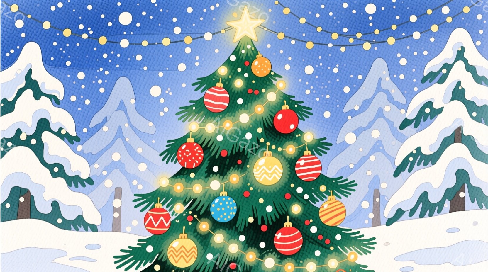 真っ白な雪景色の中に、緑色のクリスマスツリーが飾られています。ツリーには、赤、青、オレンジ、白のオーナメントが彩り豊かに飾り付けられ、温かい光を放つ電飾と星形のトッパーが輝きを添えています。背景には、 - AI生成フリー素材