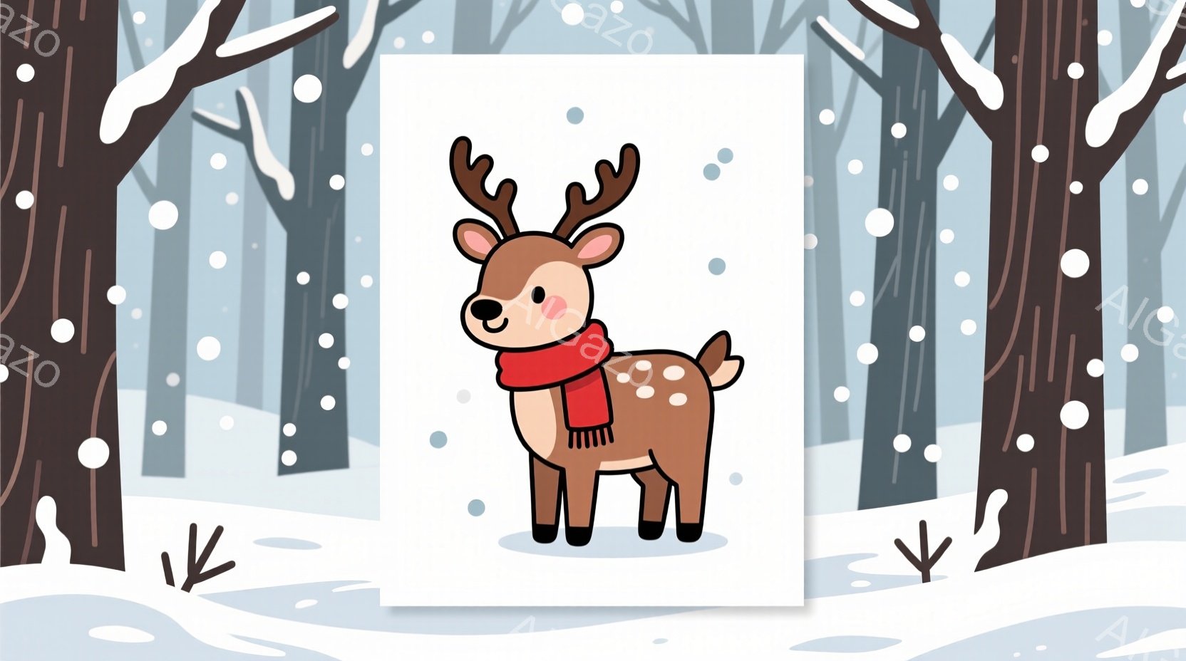 画像は可愛らしい茶色の鹿が描かれており、赤いマフラーを巻いています。鹿は正面を向き、穏やかな表情で、雪の積もった森林の中で立っています。背景には、雪で覆われた木々が立ち並び、冬の静かで穏やかな雰囲気を - AI生成フリー素材