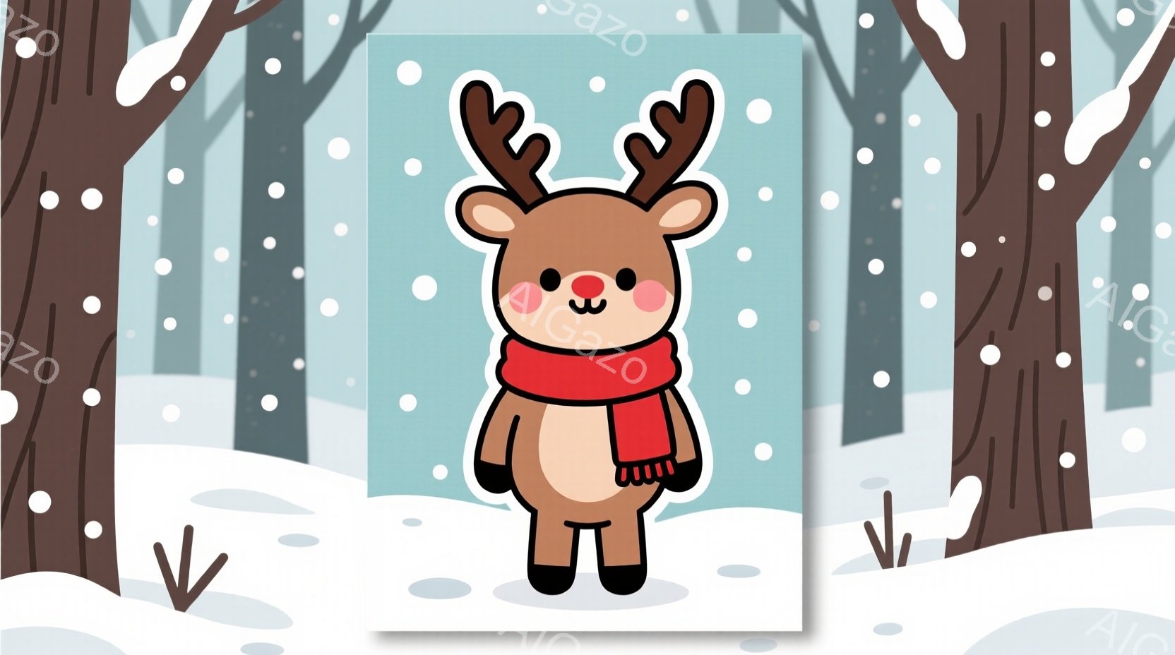 雪景色の中に、可愛らしいトナカイが立っています。トナカイは赤いマフラーを巻いており、つぶらな瞳とわずかに微笑んだ表情が印象的です。背景には雪に覆われた木々が並び、全体的に暖かく、穏やかな冬の雰囲気が漂 - AI生成フリー素材