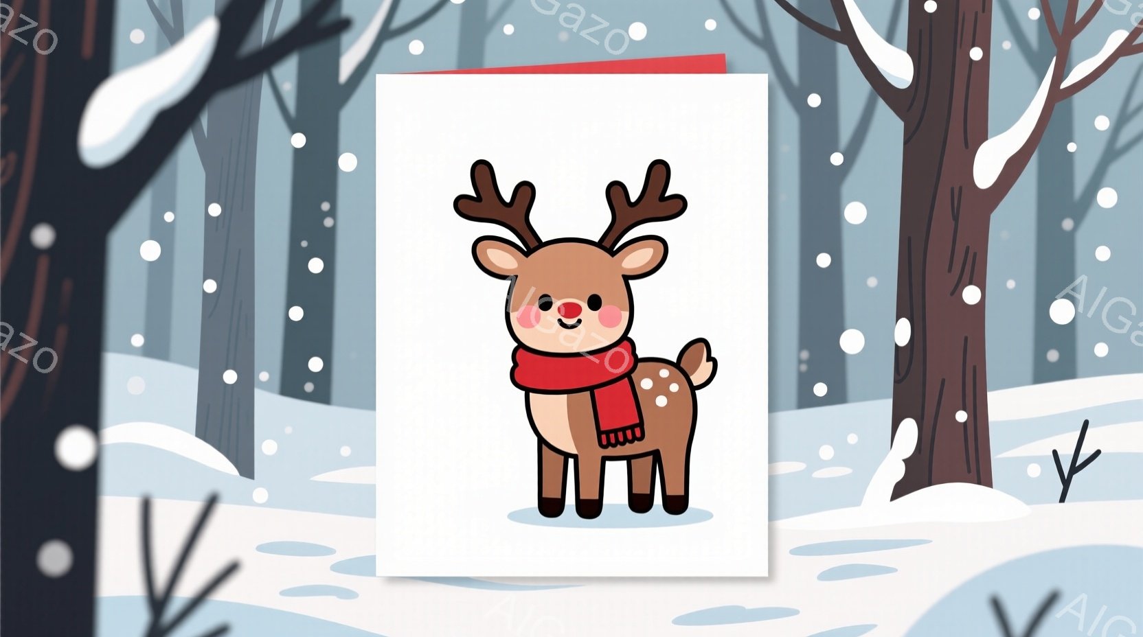 白い背景に、角のある茶色のトナカイのイラストが描かれています。赤いストールを巻いており、丸い顔に可愛らしい表情をしています。背景には雪に覆われた木々が描かれ、冬の静かな森の雰囲気が漂っています。 - AI生成フリー素材