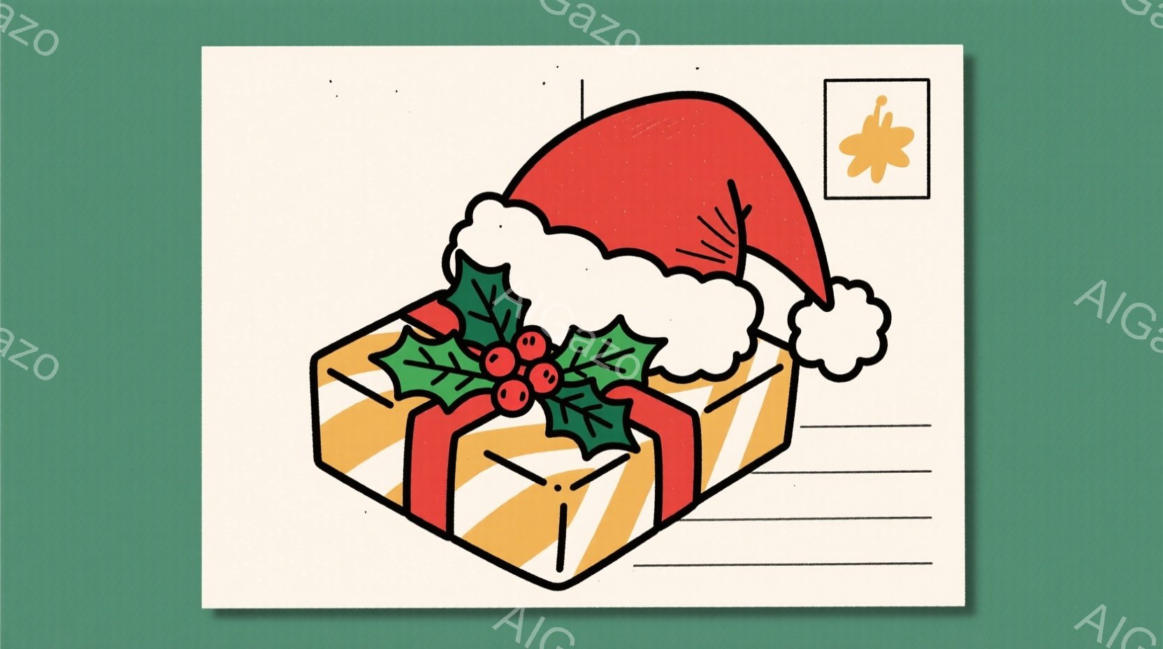 クリスマスプレゼントが描かれており、赤いサンタの帽子と緑の葉っぱの飾り付けがされています。プレゼントは黄と白のストライプで包まれ、全体的に温かくお祝いの雰囲気が漂っています。背景は白く、シンプルで、プ - AI生成フリー素材