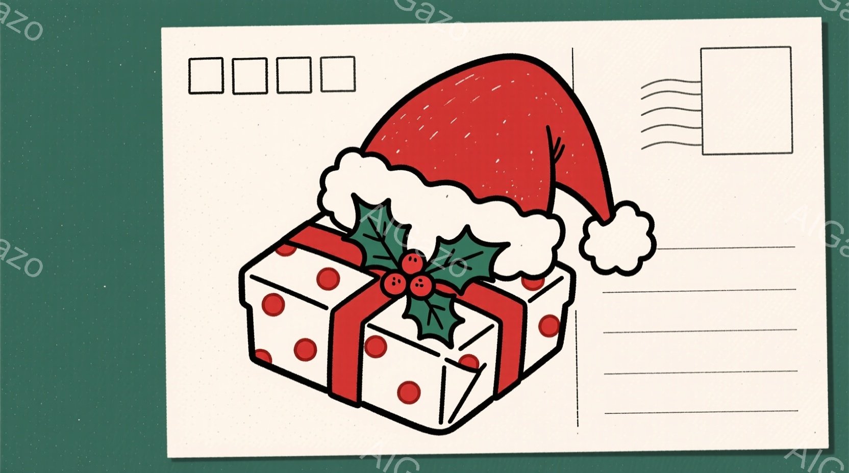 赤い包装紙で包まれたプレゼントの上に、サンタクロースの帽子が置かれています。プレゼントには赤いドット柄と緑の葉っぱと実の飾り付けが施されており、クリスマスらしい雰囲気を醸し出しています。背景は薄いベージュ色で、全体的にシンプルで温かみのある印象です。