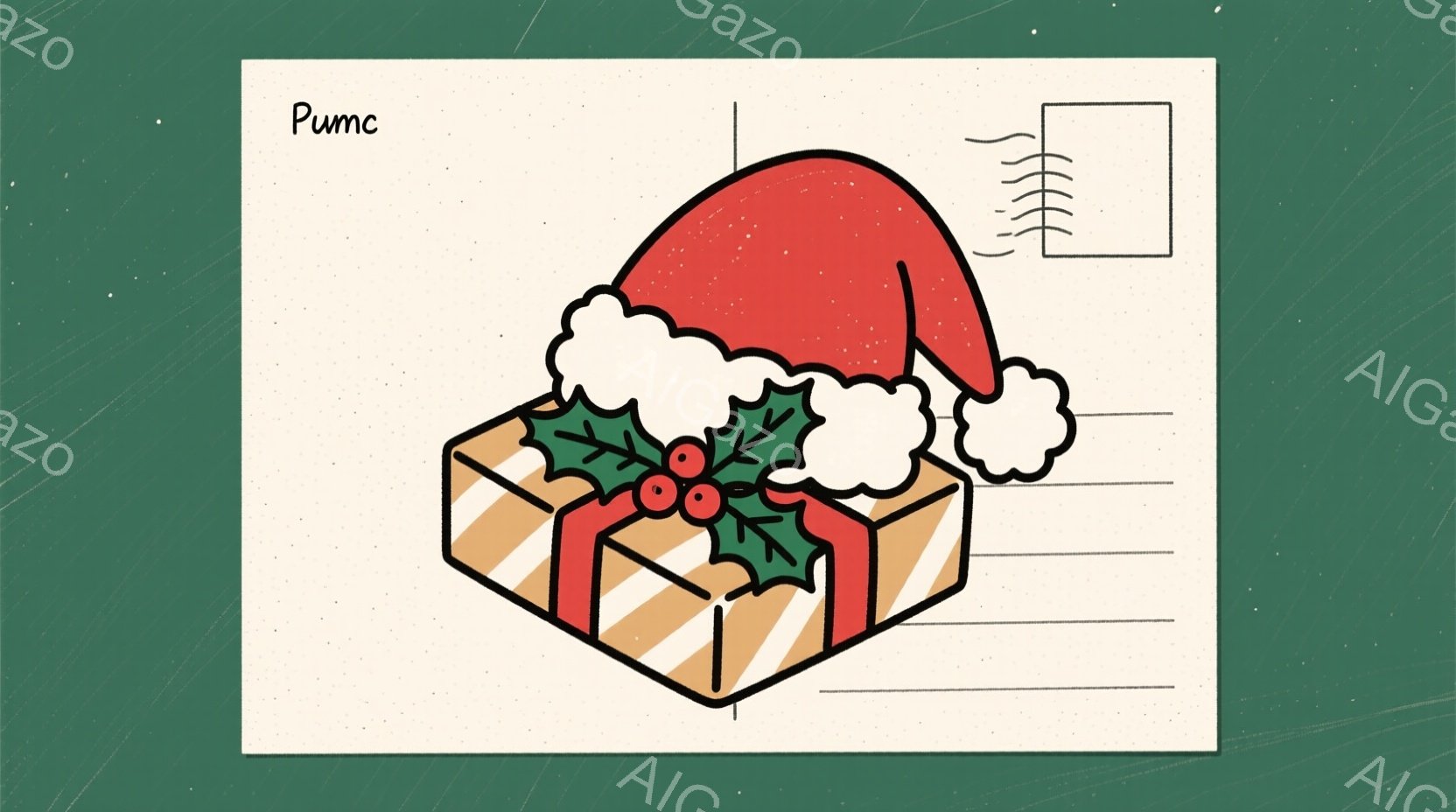 ギフトボックスが、赤いサンタクロースの帽子と飾りで飾られています。ギフトボックスはベージュと白のストライプで、緑の葉と赤い実の装飾がついており、クリスマスの雰囲気を醸し出しています。背景は淡い緑色で、 - AI生成フリー素材