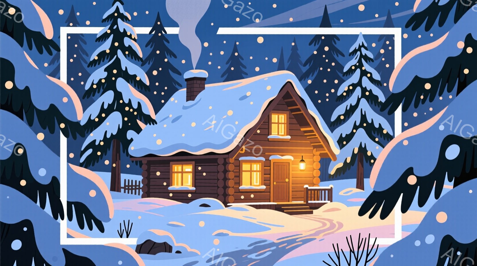 雪に覆われた丸太小屋が描かれており、窓から温かい光が漏れ出しています。背景には雪をまとった針葉樹林が広がり、降り積もる雪と温かい光が、静かで穏やかな冬の雰囲気を醸し出しています。雪景色と小屋のコントラ - AI生成フリー素材